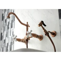Discount KS124XPXBS-P Heritage Two-Handle Wall Mount Bridge Kitchen Faucet with Brass Sprayer Wall Mounted Kitchen Faucets