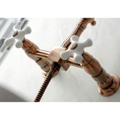 Discount KS124XPXBS-P Heritage Two-Handle Wall Mount Bridge Kitchen Faucet with Brass Sprayer Wall Mounted Kitchen Faucets