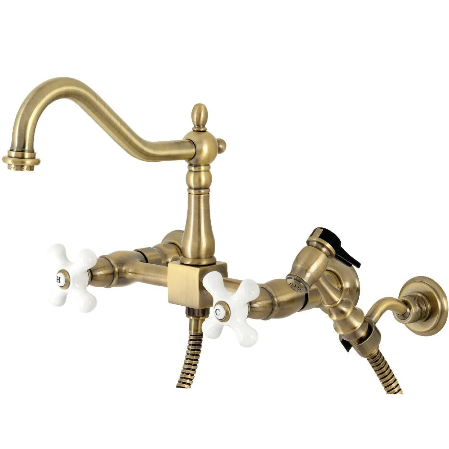 Discount KS124XPXBS-P Heritage Two-Handle Wall Mount Bridge Kitchen Faucet with Brass Sprayer Wall Mounted Kitchen Faucets