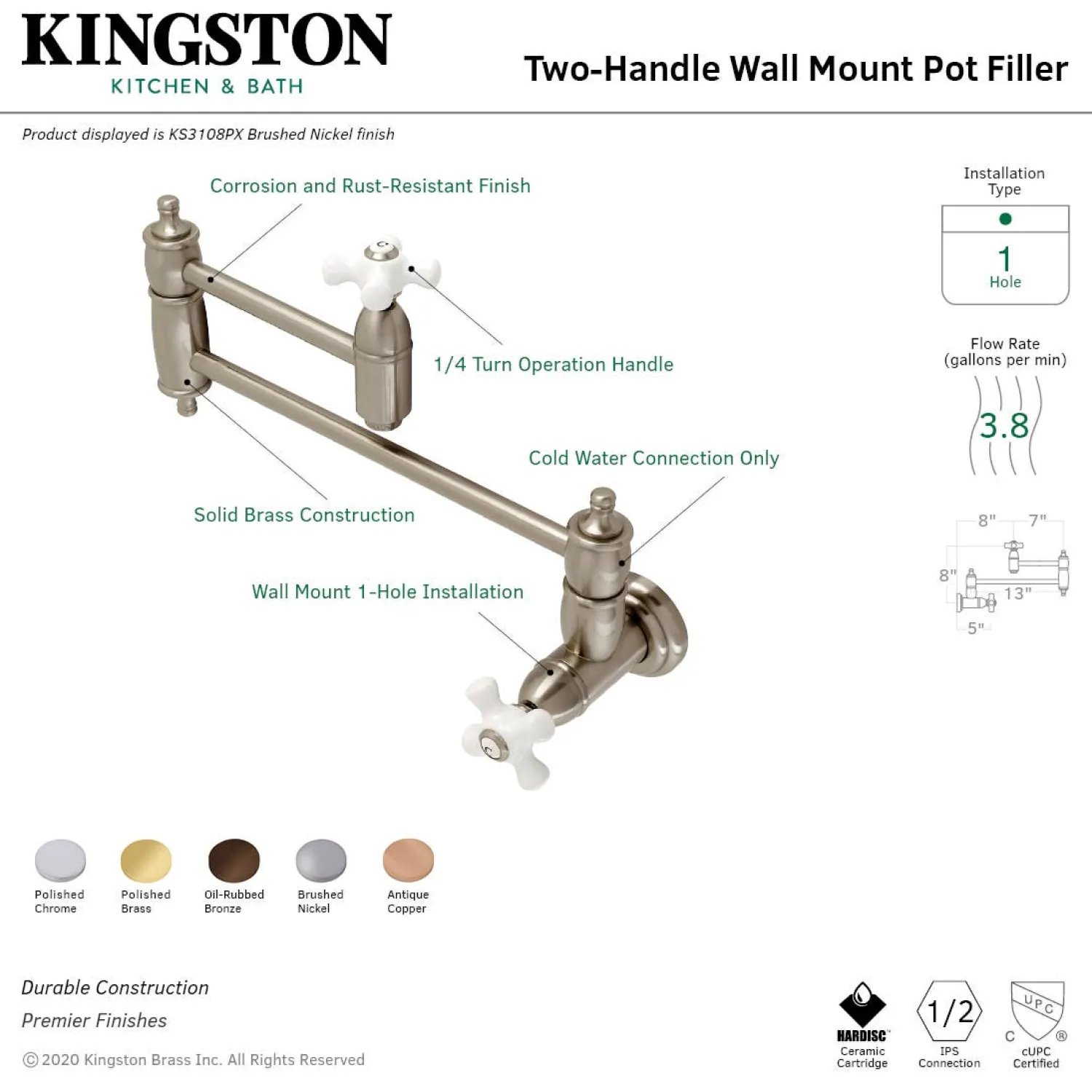 Outlet KS310XPX-P Restoration Two-Handle Wall Mount Pot Filler Wall Mounted Kitchen Faucets