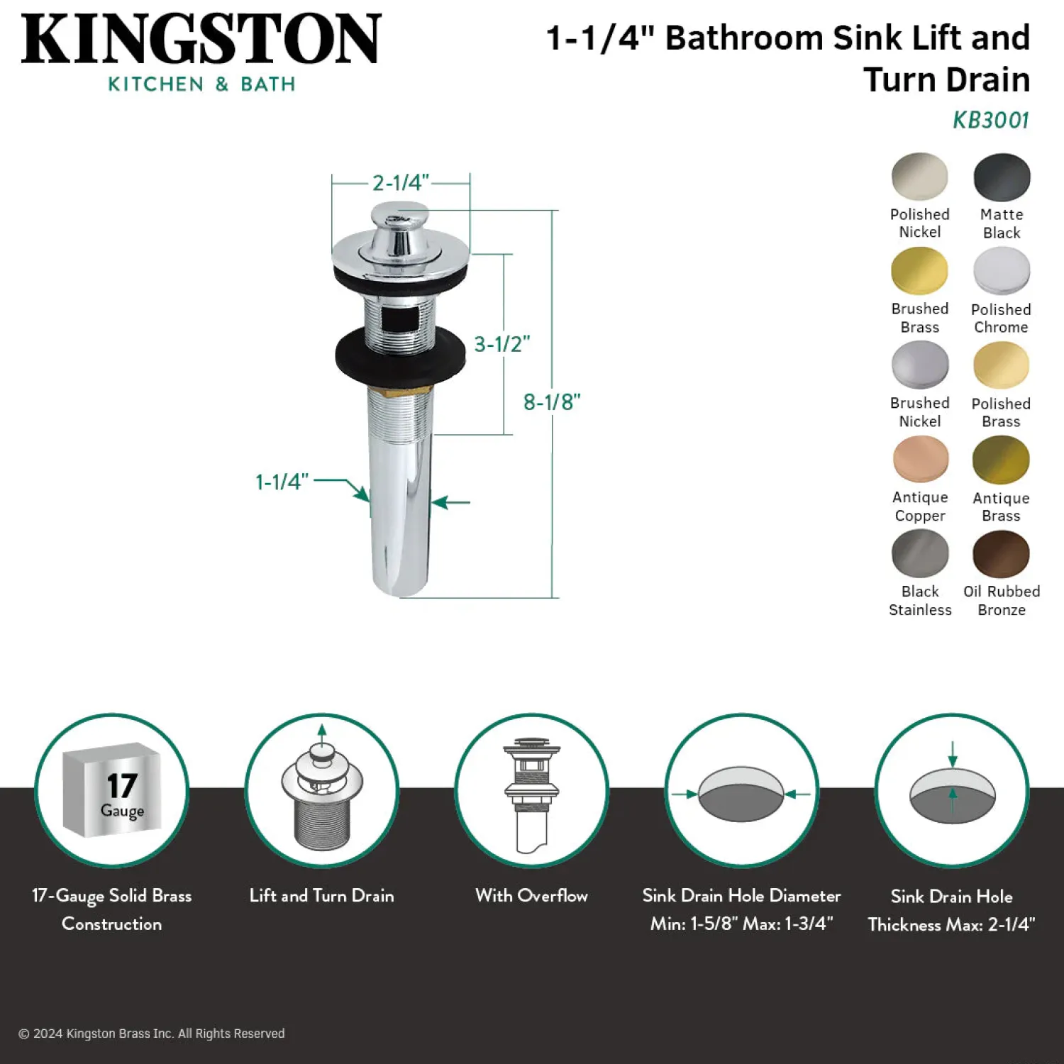 New Lift and Turn Sink Drain with Overflow Sink Drains|Overflow Bathroom Sink Drains