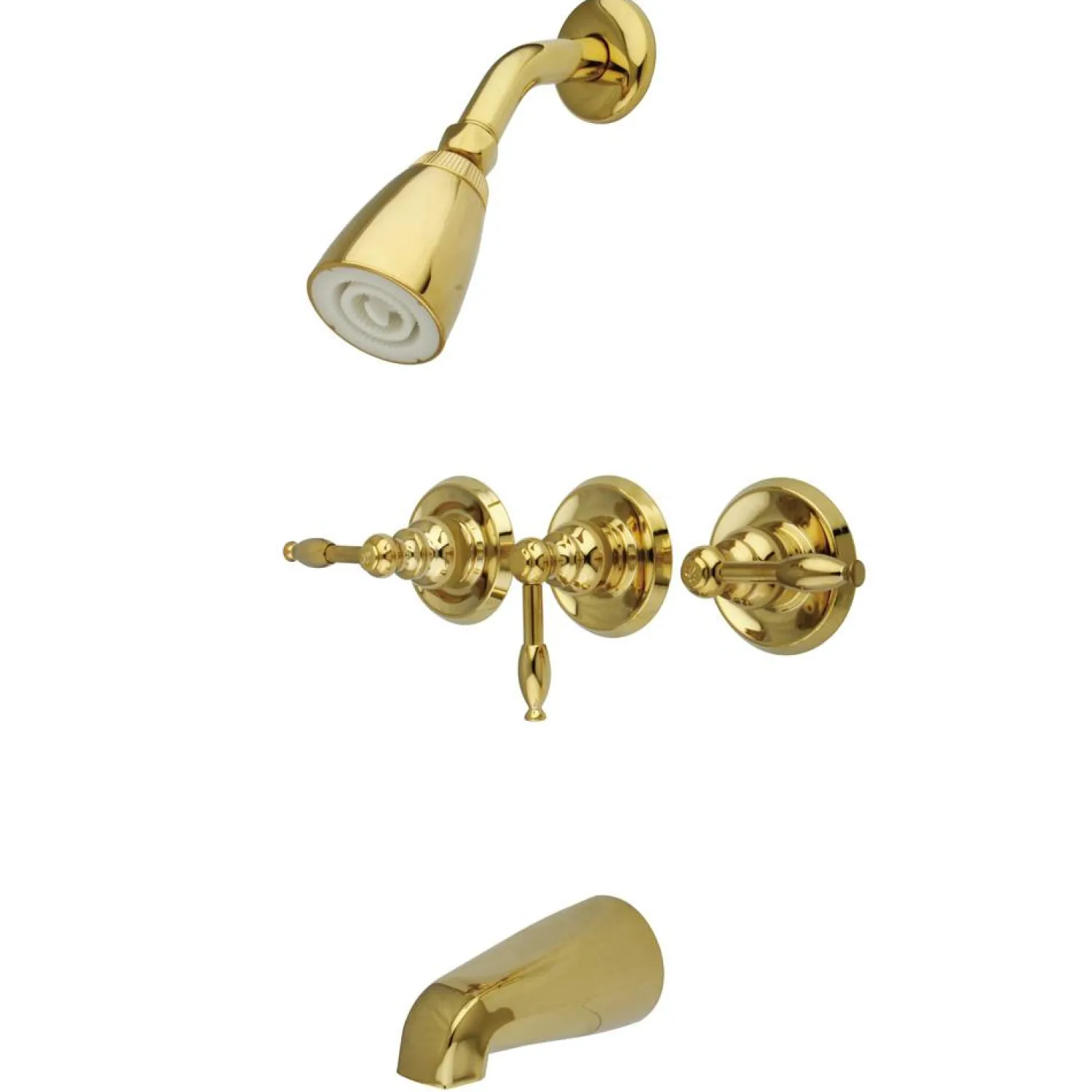 New Magellan Three Handle Tub and Shower Faucet in Polished Brass Tub & Shower Sets