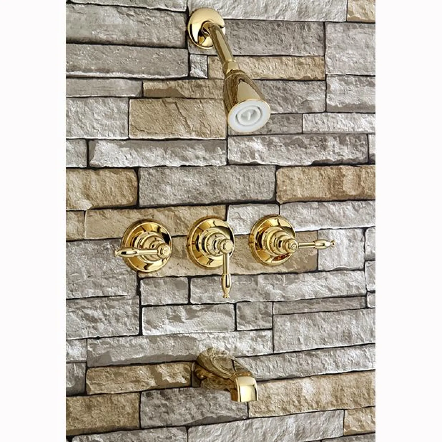 New Magellan Three Handle Tub and Shower Faucet in Polished Brass Tub & Shower Sets
