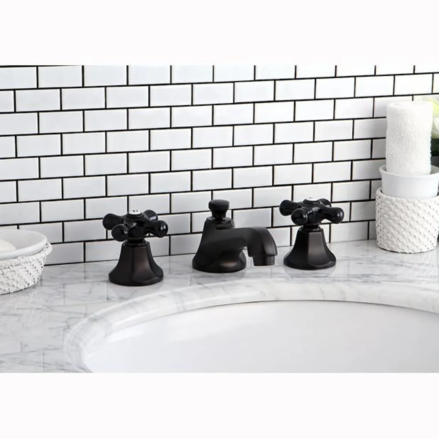 Clearance Metropolitan Onyx Widespread Lavatory Faucet with Black Porcelain Cross Handle 8" Widespread