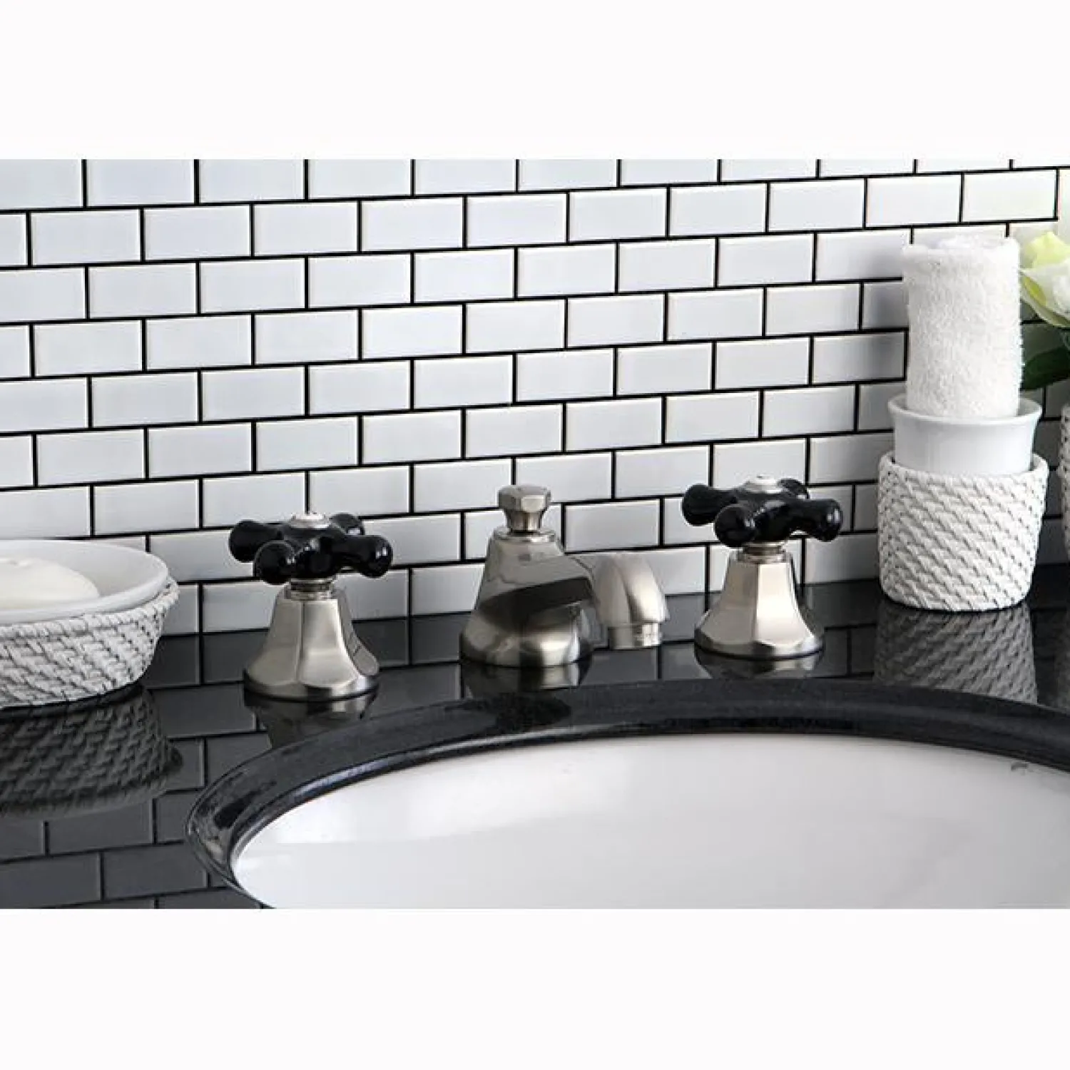 Clearance Metropolitan Onyx Widespread Lavatory Faucet with Black Porcelain Cross Handle 8" Widespread