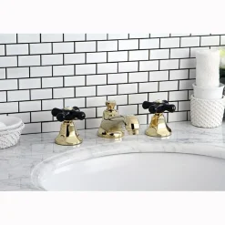 Clearance Metropolitan Onyx Widespread Lavatory Faucet with Black Porcelain Cross Handle 8