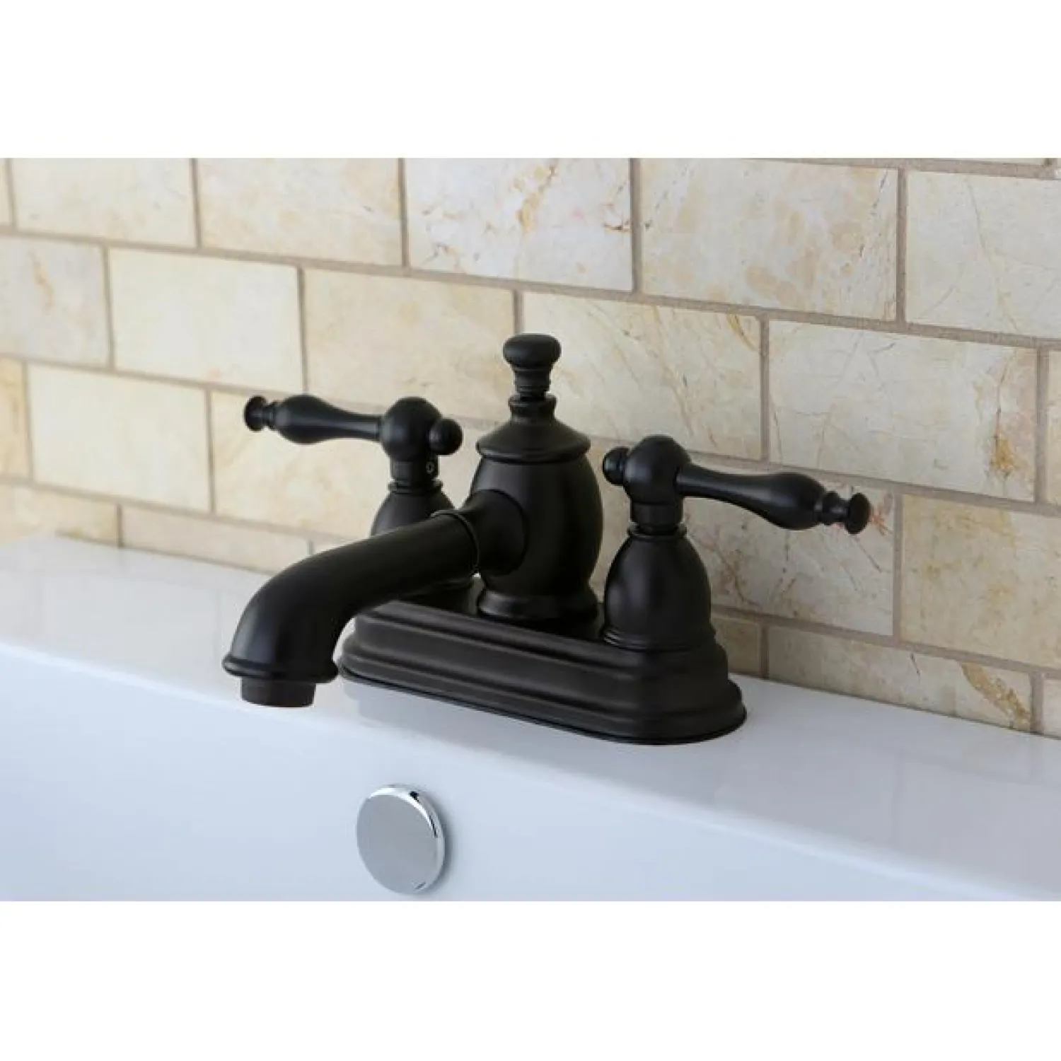 Outlet Naples 4" Centerset Lavatory Faucet with Heritage Spout and Metal Lever Handle 4" Center Set