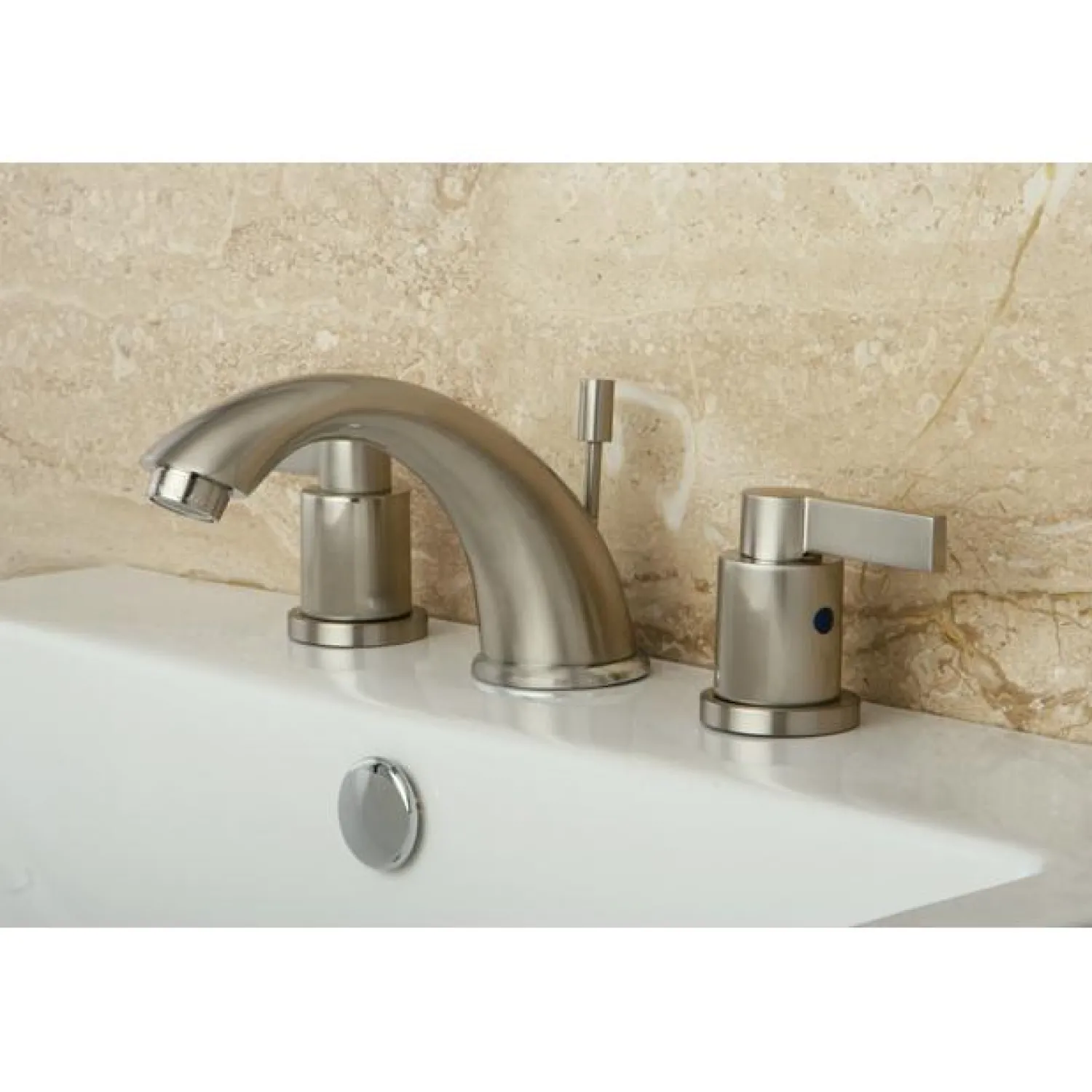 Clearance NuvoFusion Double Handle 8" to 16" Widespread Lavatory Faucet with Brass Pop-up 8" Widespread