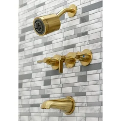 New NuvoFusion Three-Handle Tub and Shower Faucet in Brushed Brass Tub & Shower Sets