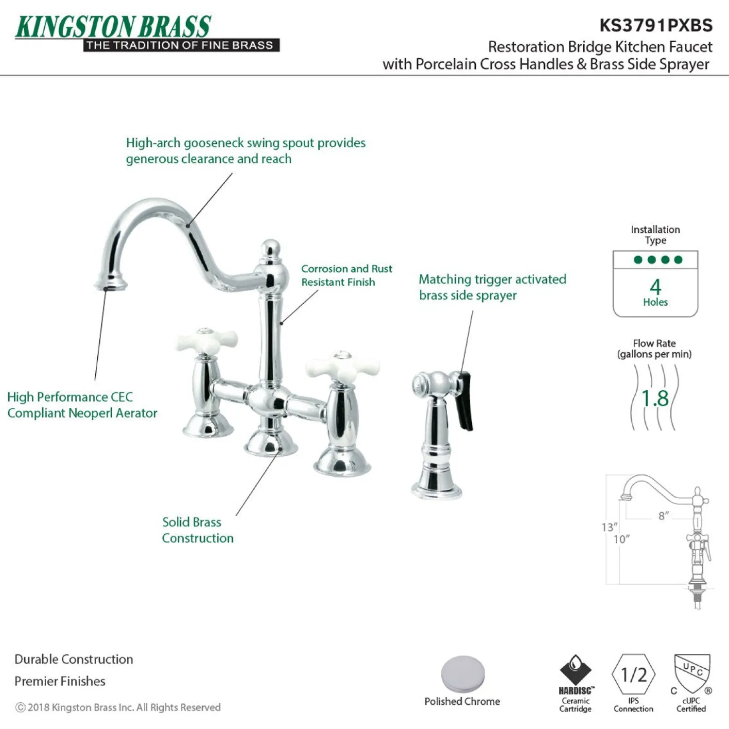 Online Restoration Cross-Handle Kitchen Bridge Faucet with Brass Sprayer Bridge Faucets