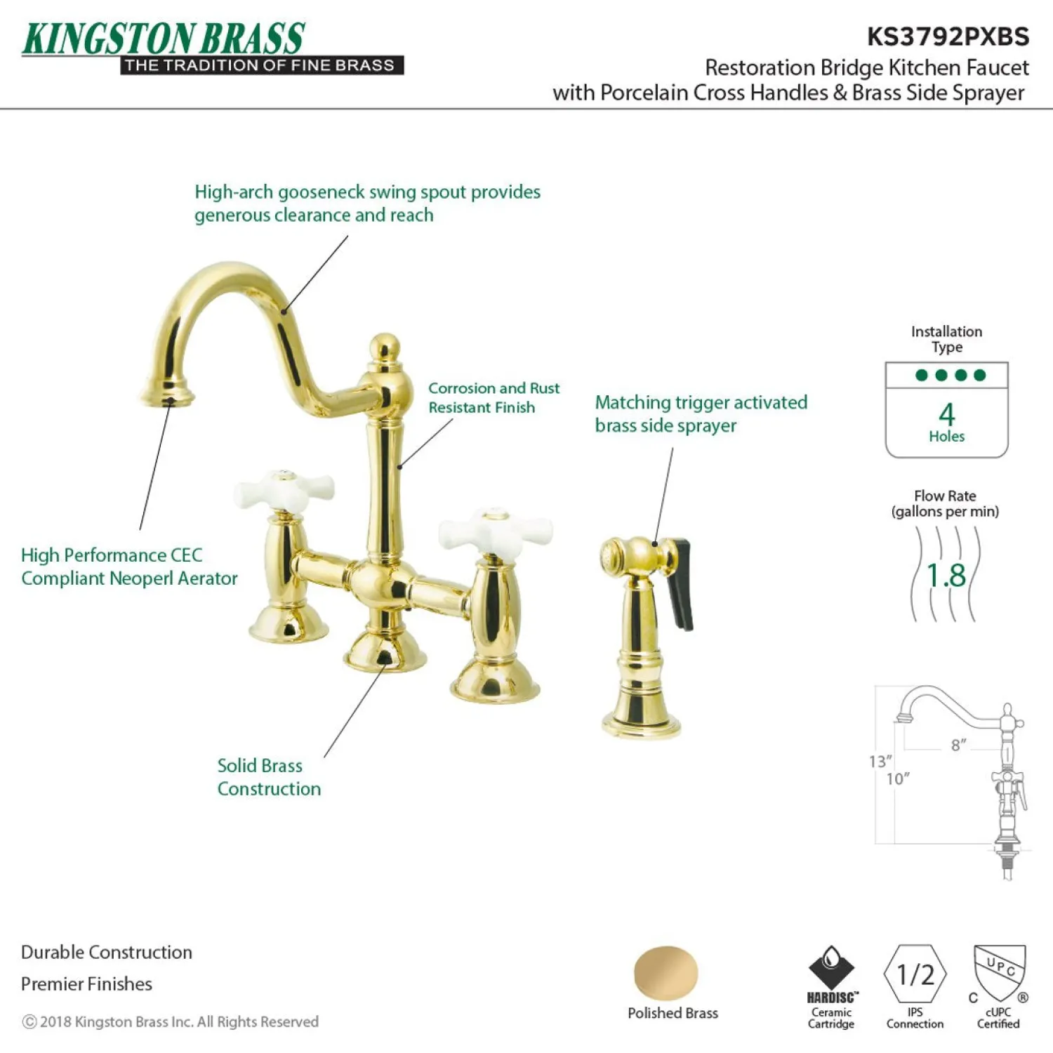 Online Restoration Cross-Handle Kitchen Bridge Faucet with Brass Sprayer Bridge Faucets