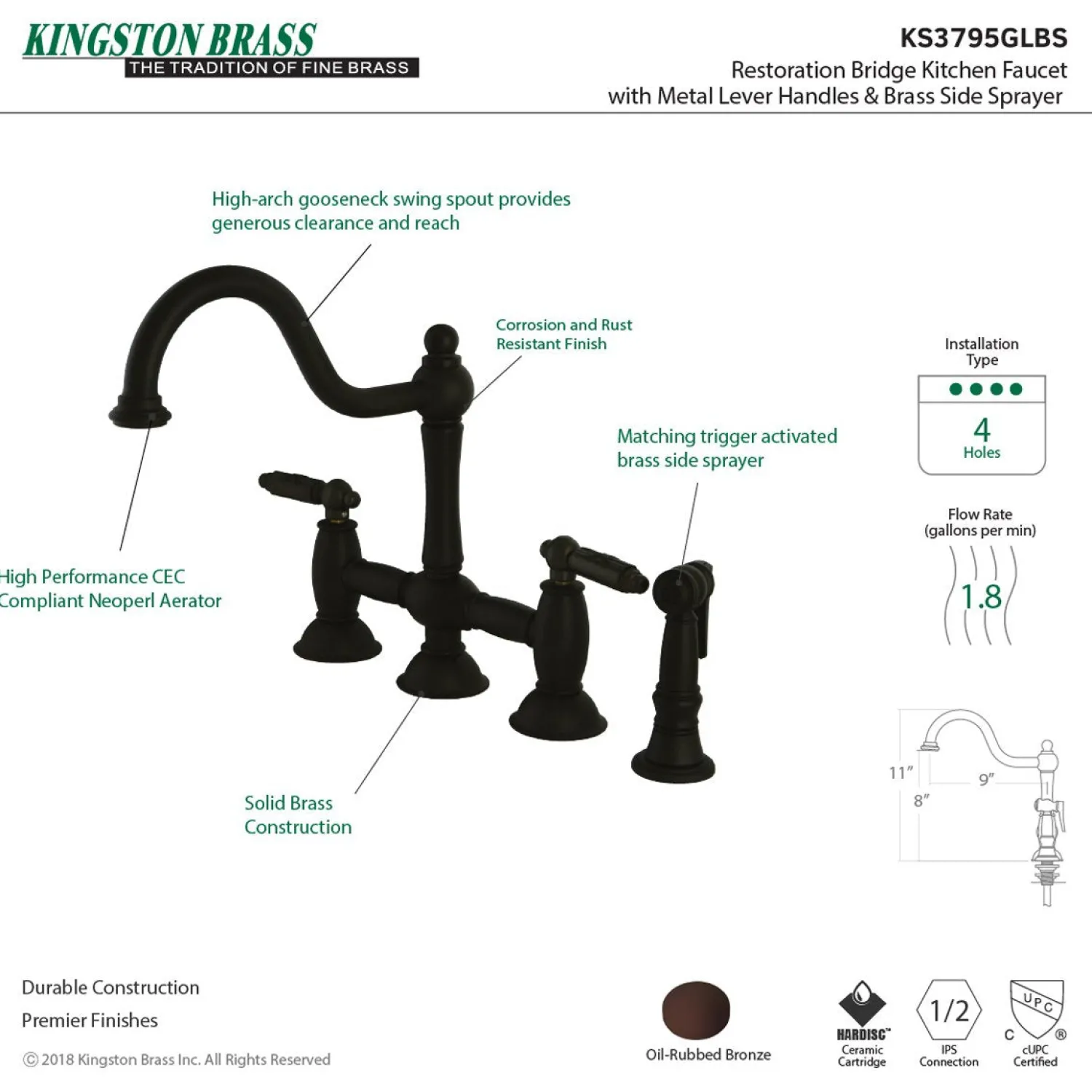 Restoration Deck Mount Kitchen Bridge Faucet with Brass Sprayer Faucets With Side Spray|Bridge Faucets