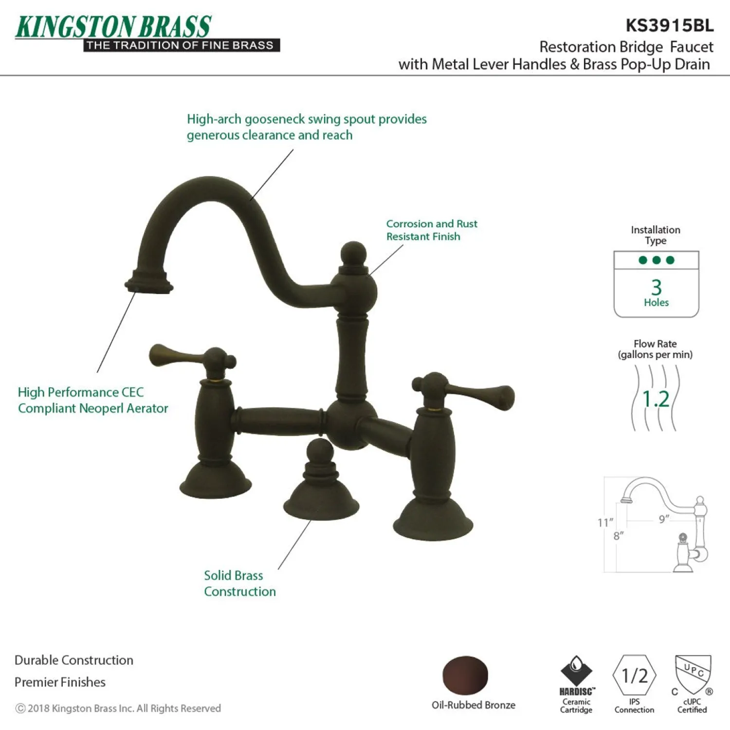 Restoration Deck Mount Bathroom Bridge Faucet 8" Widespread