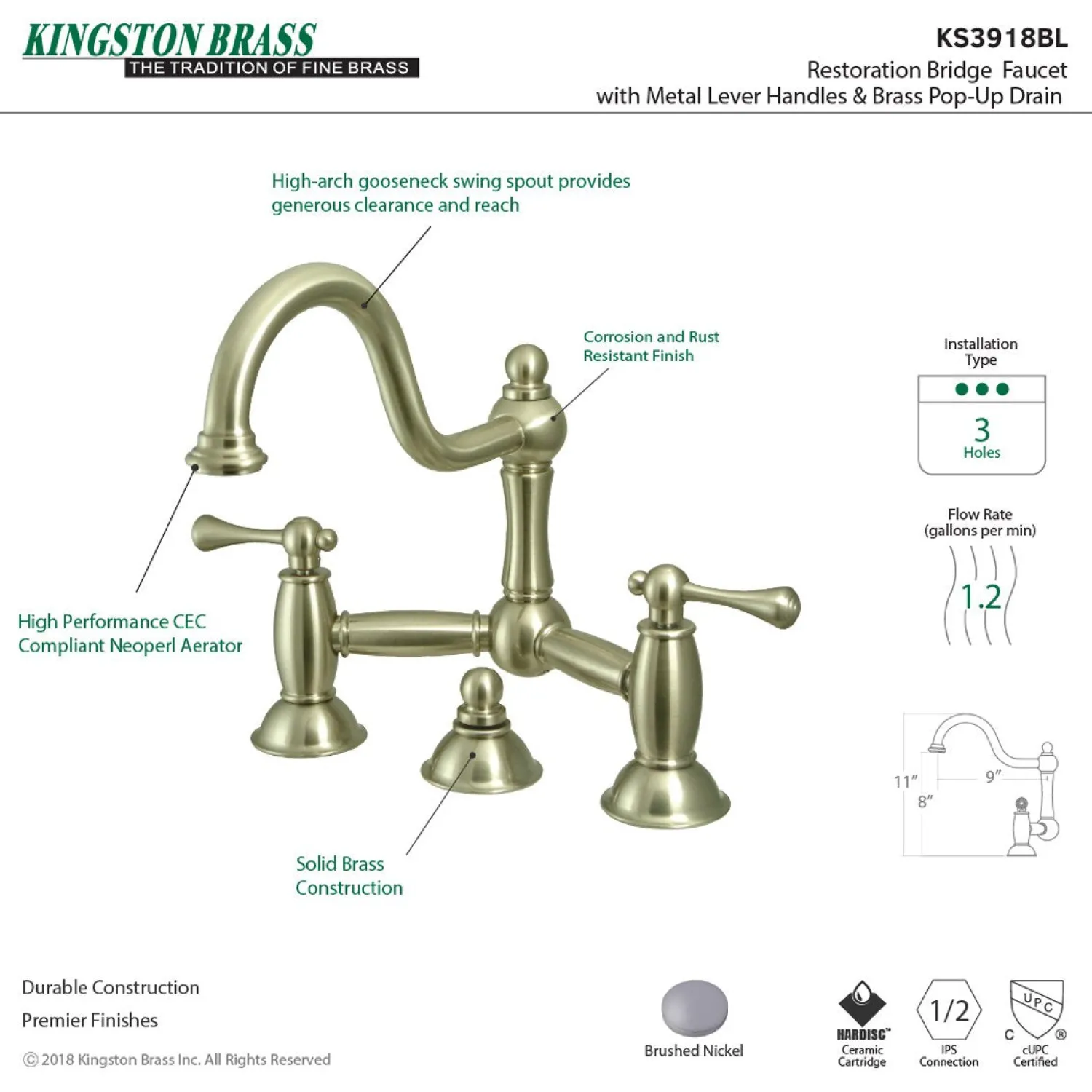 Restoration Deck Mount Bathroom Bridge Faucet 8" Widespread