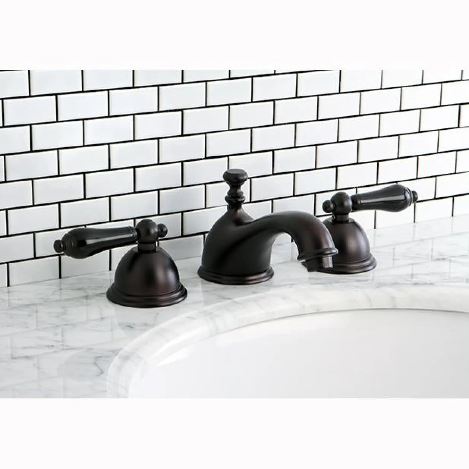 Online Restoration Onyx Widespread Lavatory Faucet with Black Porcelain Lever Handle 8" Widespread