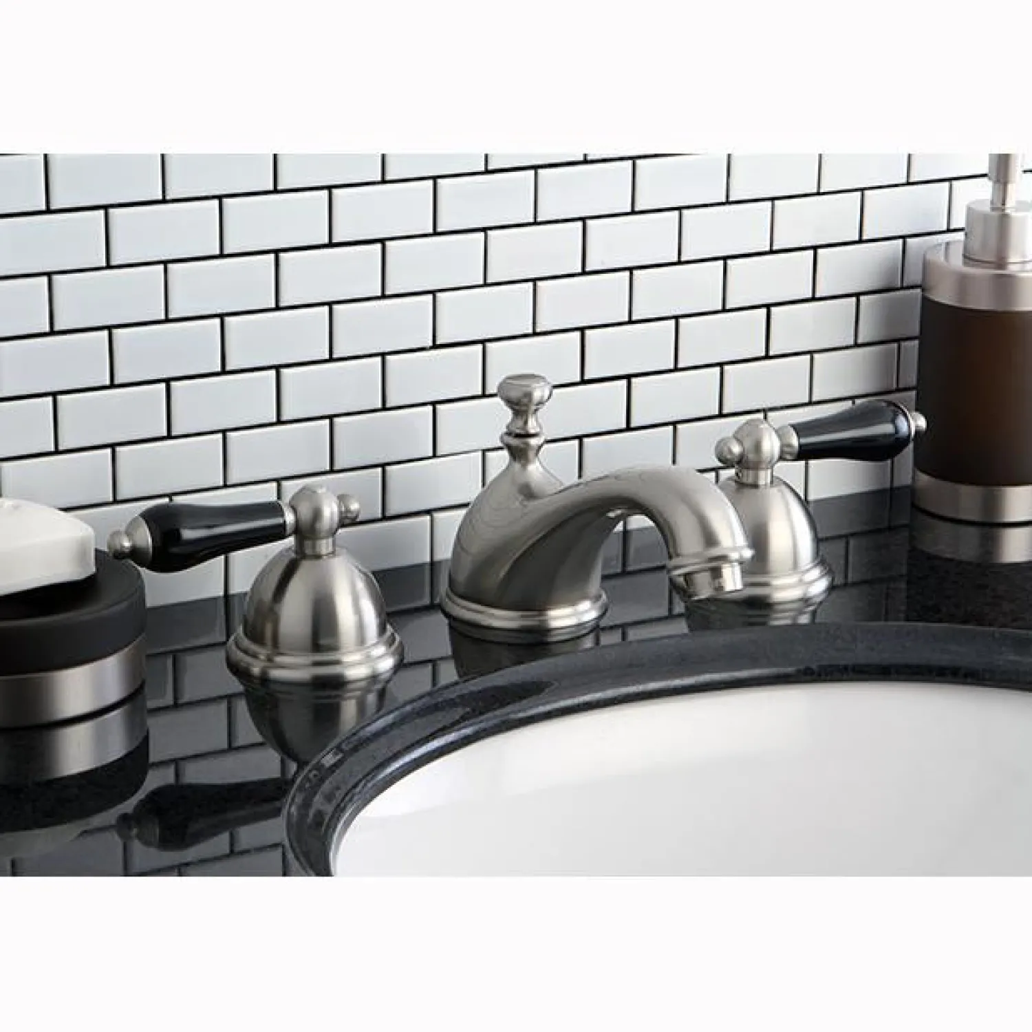 Online Restoration Onyx Widespread Lavatory Faucet with Black Porcelain Lever Handle 8" Widespread