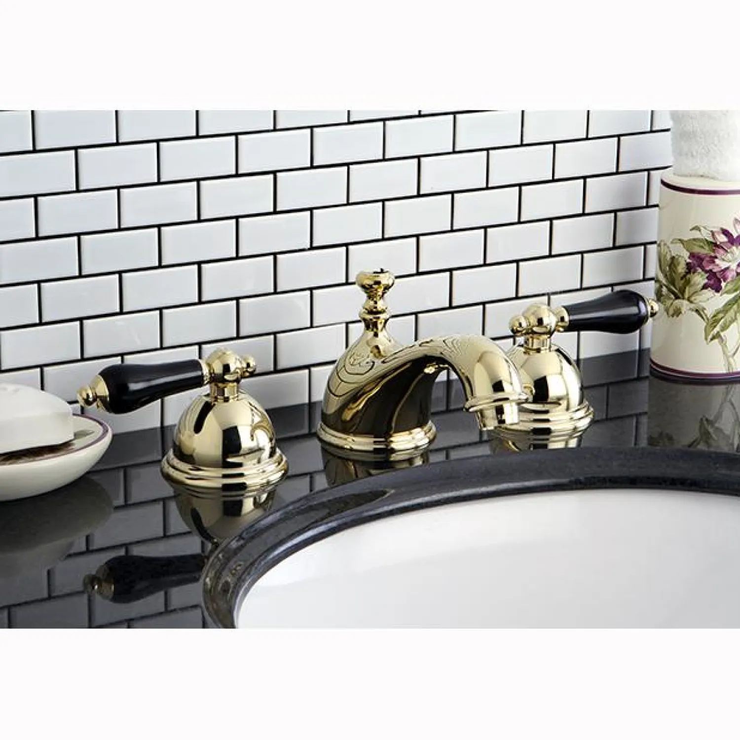 Online Restoration Onyx Widespread Lavatory Faucet with Black Porcelain Lever Handle 8" Widespread