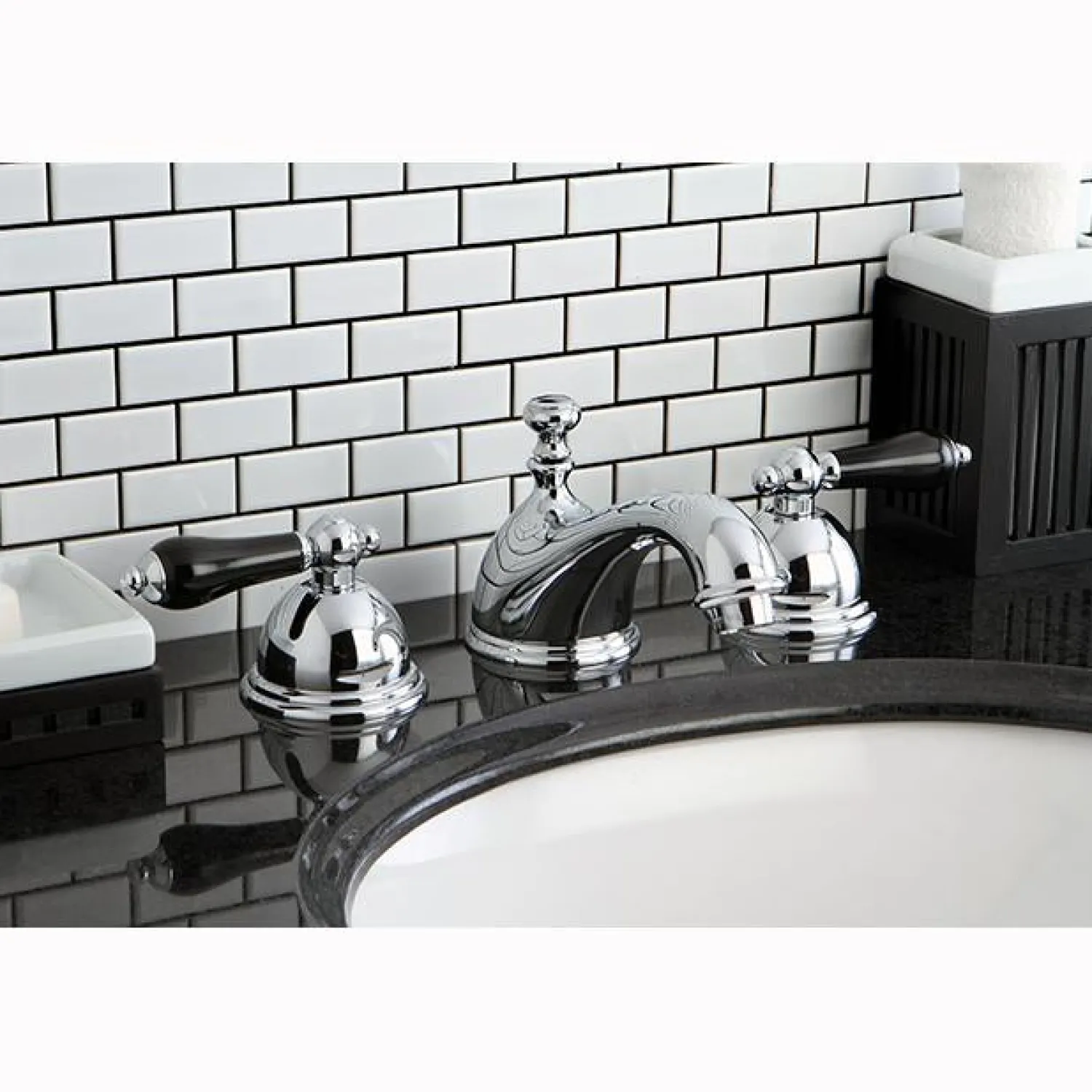 Online Restoration Onyx Widespread Lavatory Faucet with Black Porcelain Lever Handle 8" Widespread