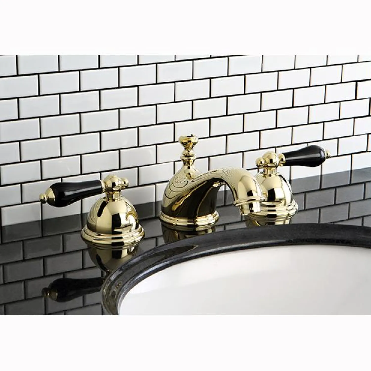 Online Restoration Onyx Widespread Lavatory Faucet with Black Porcelain Lever Handle 8" Widespread