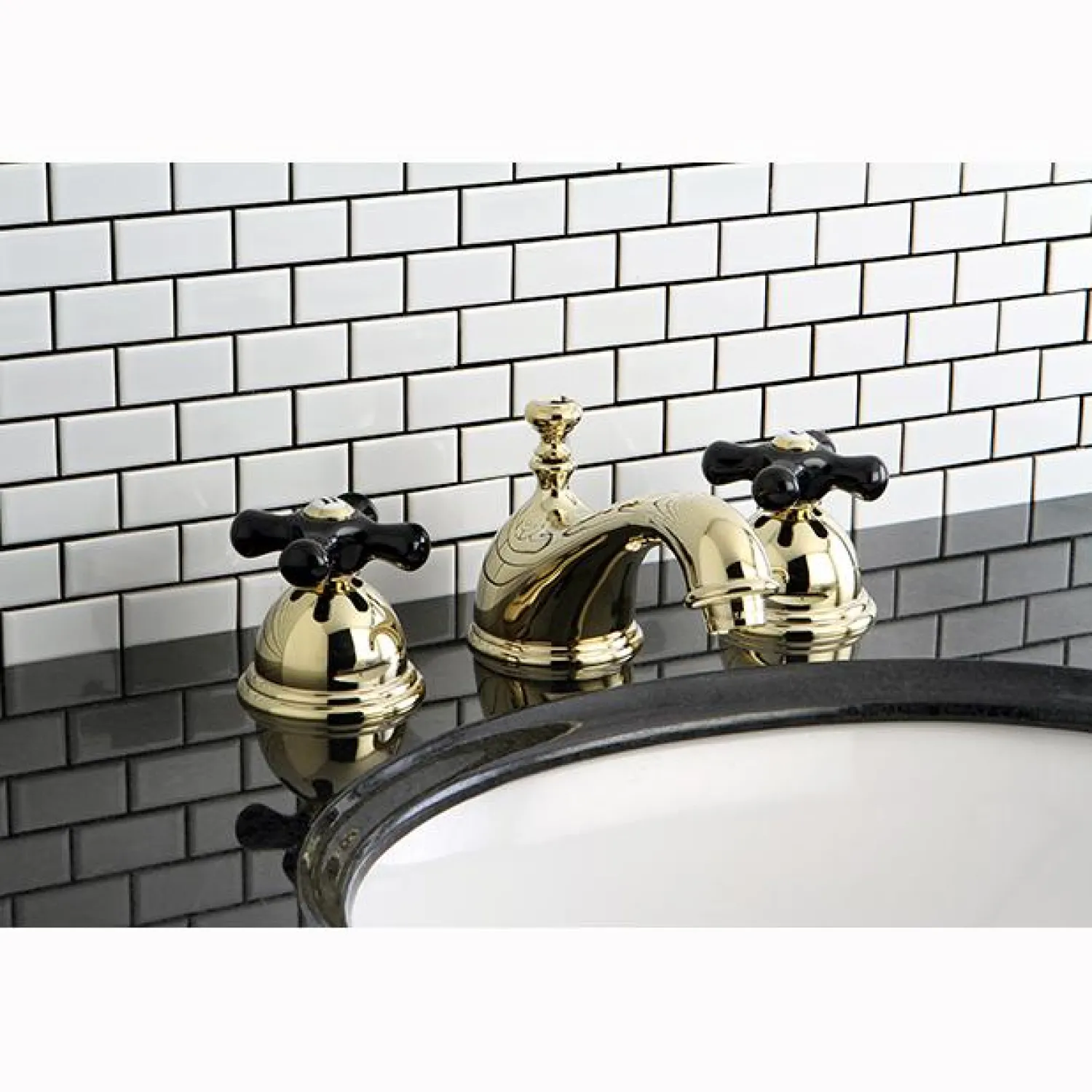 Clearance Restoration Onyx Widespread Lavatory Faucet with Black Porcelain Cross Handle 8" Widespread