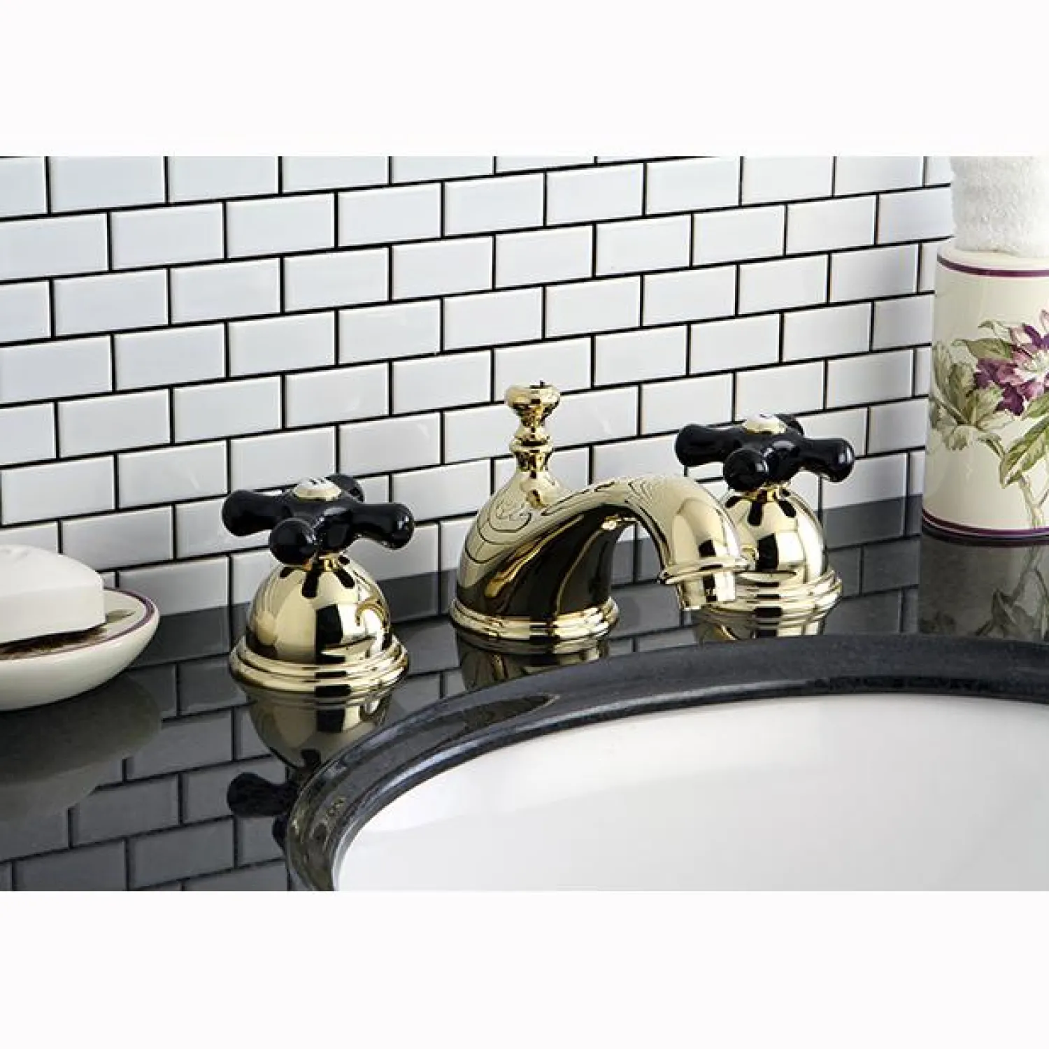 Clearance Restoration Onyx Widespread Lavatory Faucet with Black Porcelain Cross Handle 8" Widespread