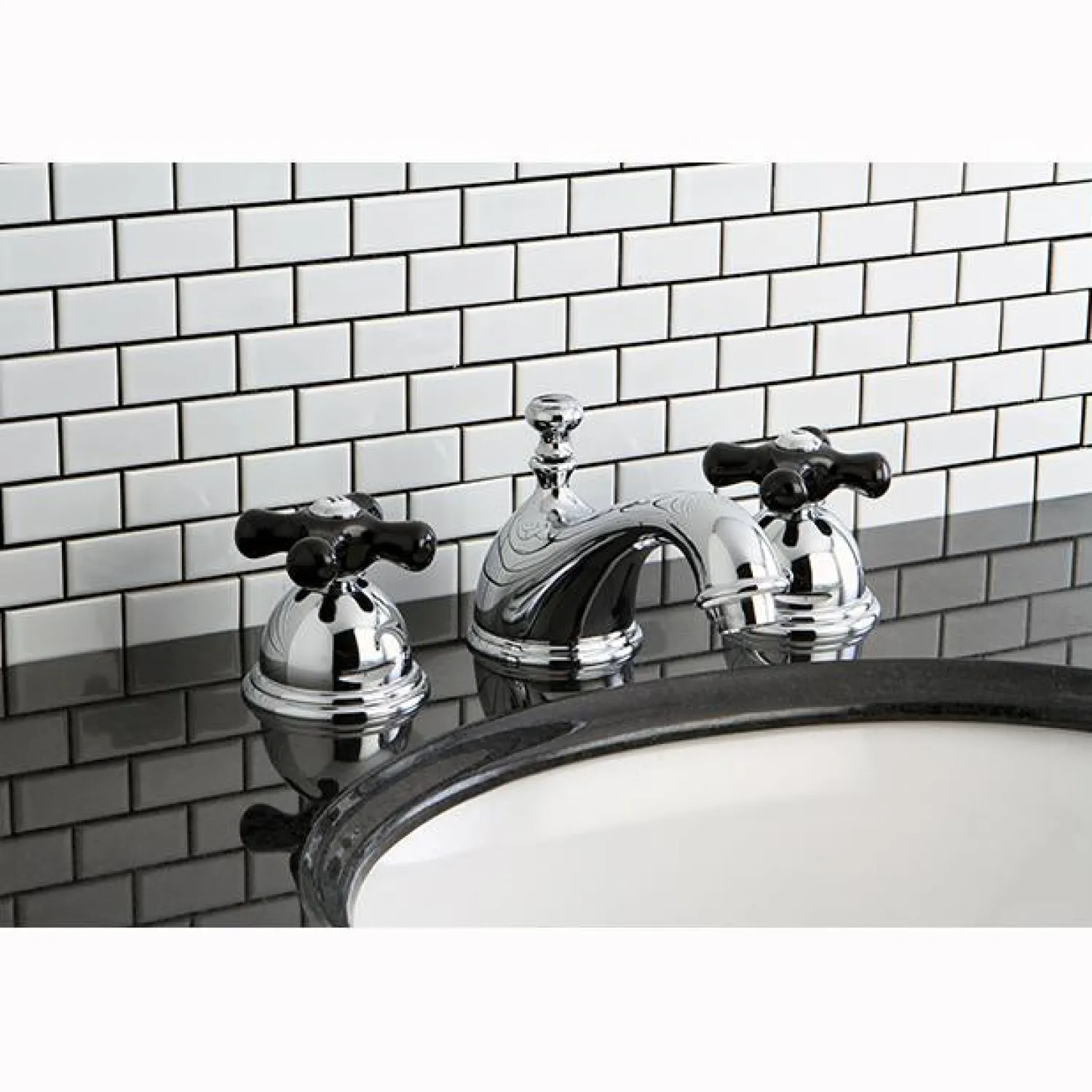 Clearance Restoration Onyx Widespread Lavatory Faucet with Black Porcelain Cross Handle 8" Widespread