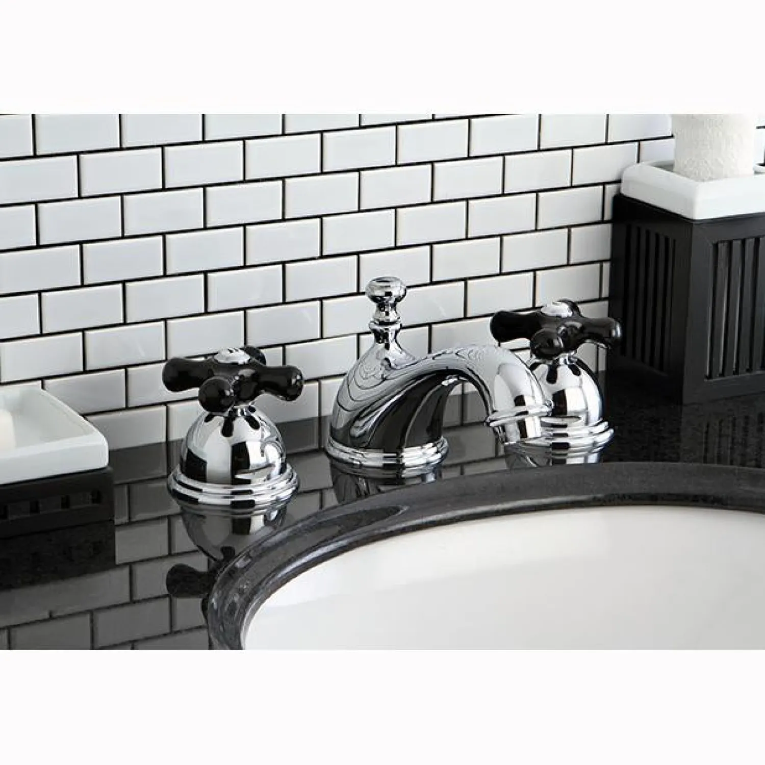 Clearance Restoration Onyx Widespread Lavatory Faucet with Black Porcelain Cross Handle 8" Widespread