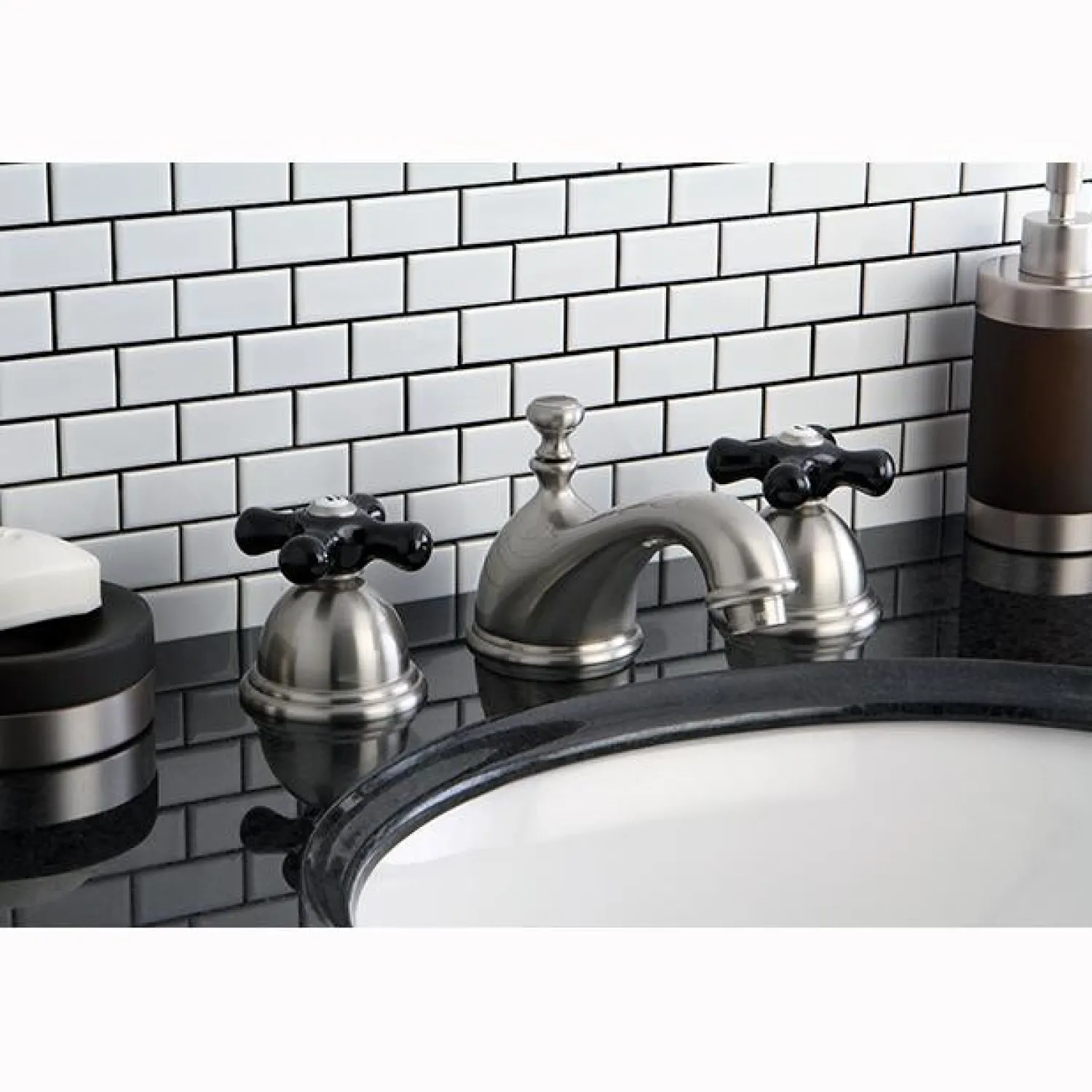 Clearance Restoration Onyx Widespread Lavatory Faucet with Black Porcelain Cross Handle 8" Widespread