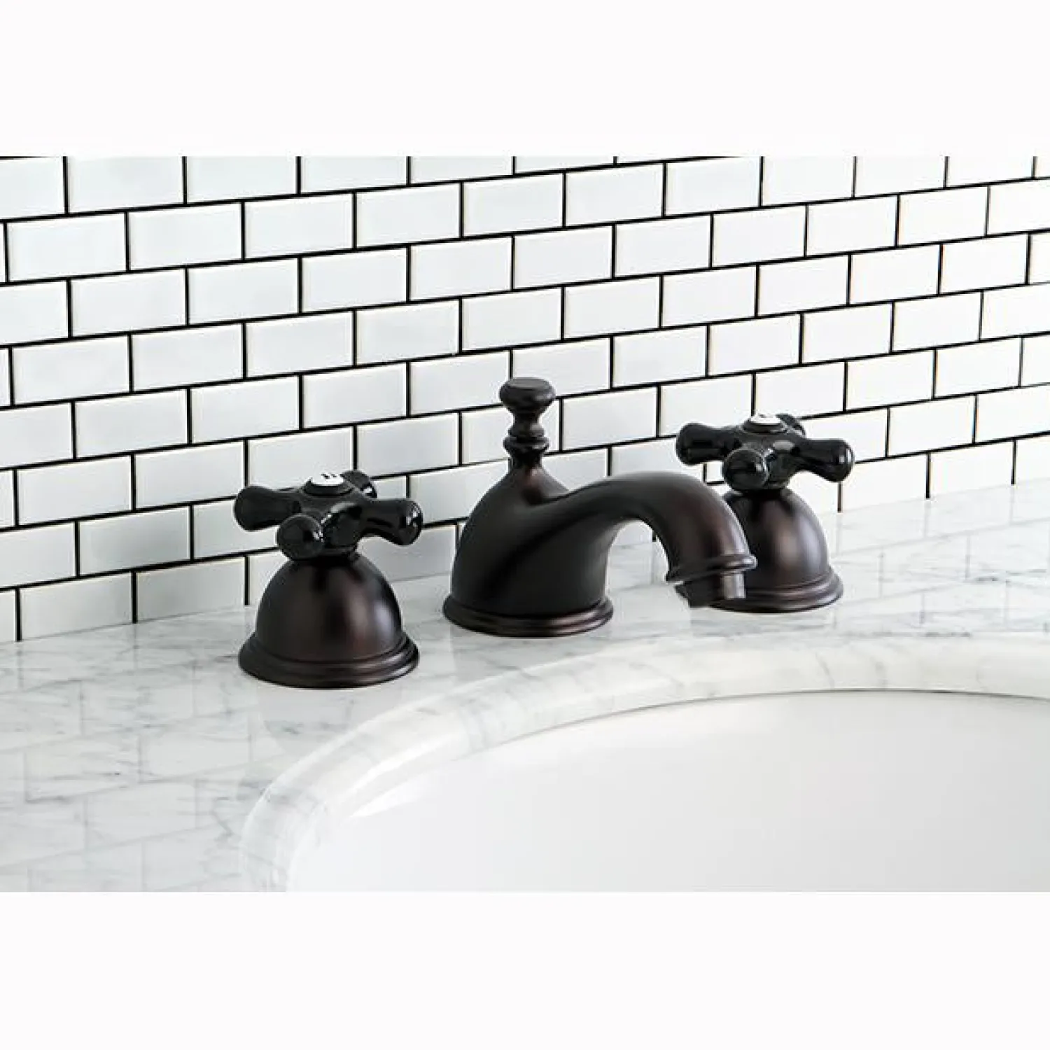 Clearance Restoration Onyx Widespread Lavatory Faucet with Black Porcelain Cross Handle 8" Widespread