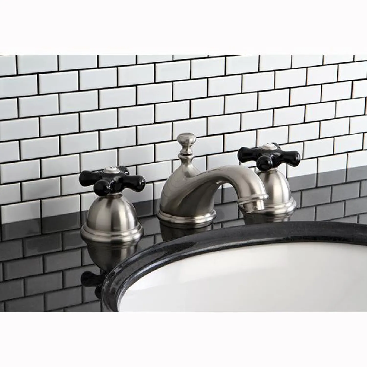 Clearance Restoration Onyx Widespread Lavatory Faucet with Black Porcelain Cross Handle 8" Widespread
