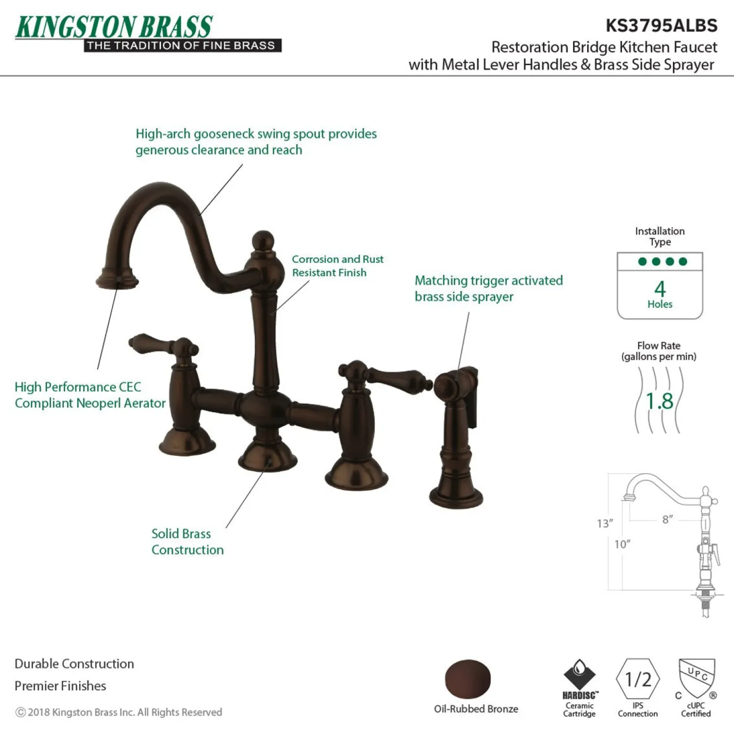 Clearance Restoration Two-Handle Kitchen Bridge Faucet with Brass Sprayer Bridge Faucets