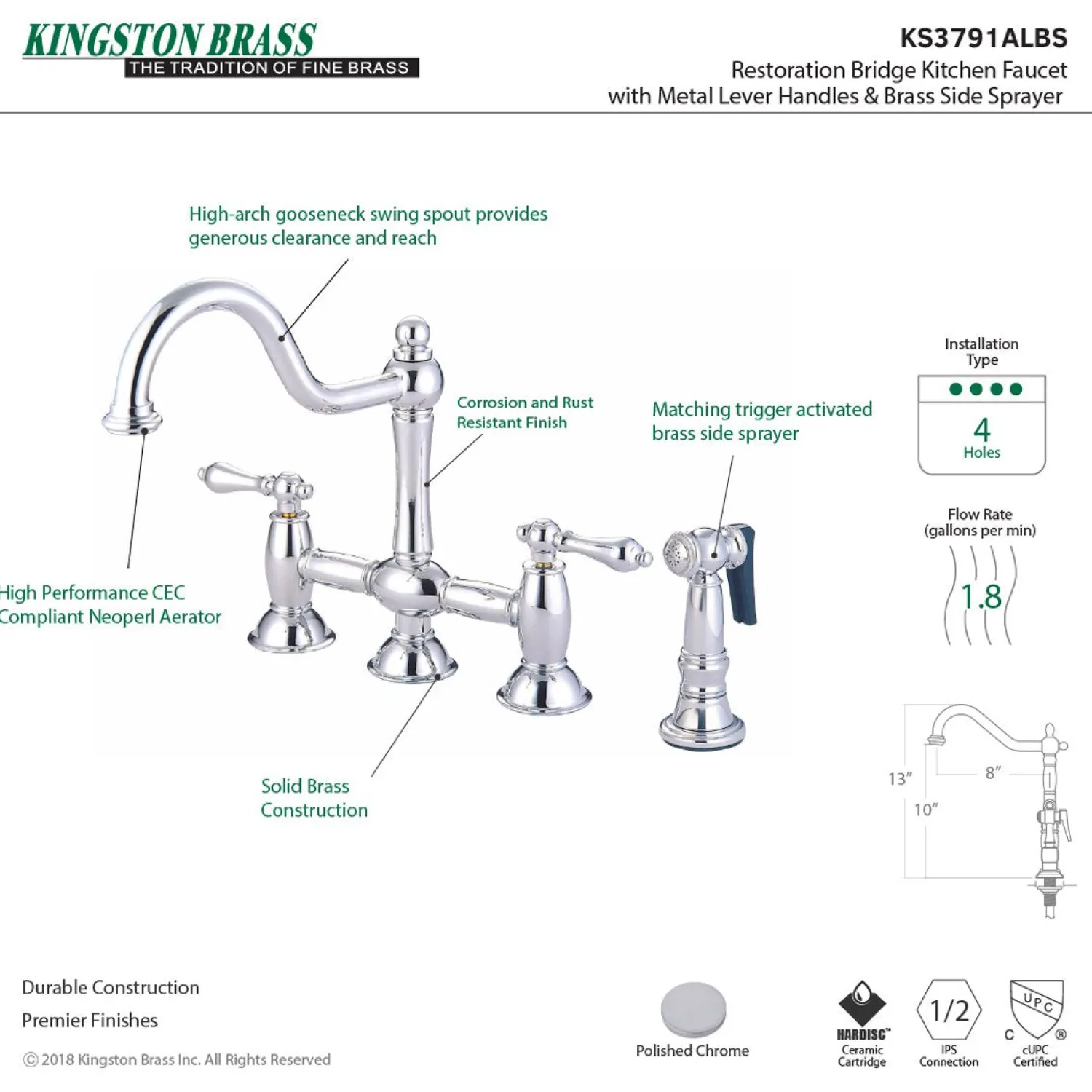 Clearance Restoration Two-Handle Kitchen Bridge Faucet with Brass Sprayer Bridge Faucets