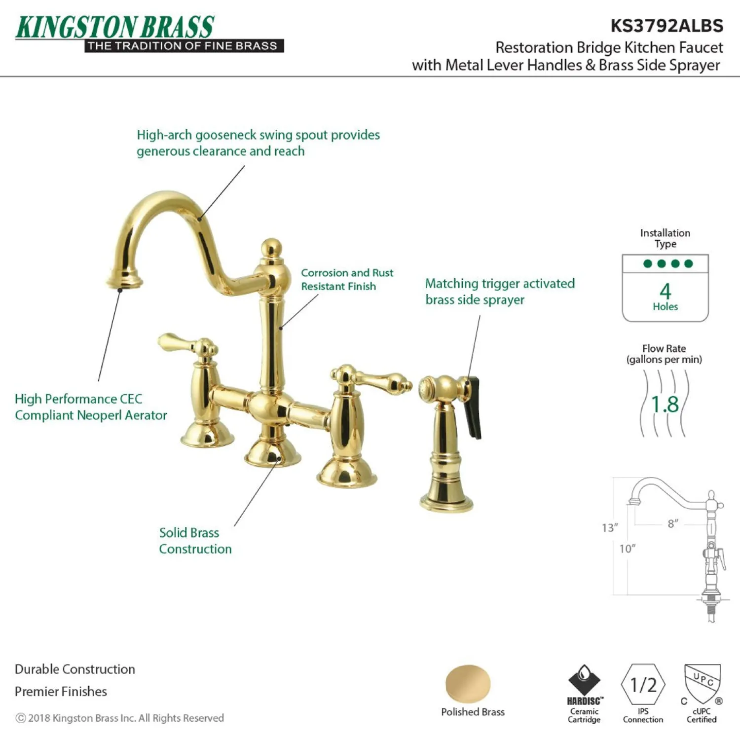 Clearance Restoration Two-Handle Kitchen Bridge Faucet with Brass Sprayer Bridge Faucets