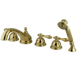 Online Royale Three Handle Roman Tub Filler with Hand Shower in Polished Brass Tub Faucets