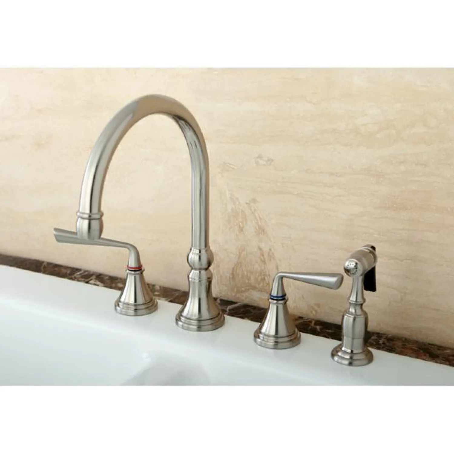Sale Silver Sage 8" Deck Mount Kitchen Faucet with Brass Sprayer Widespread Kitchen Faucets