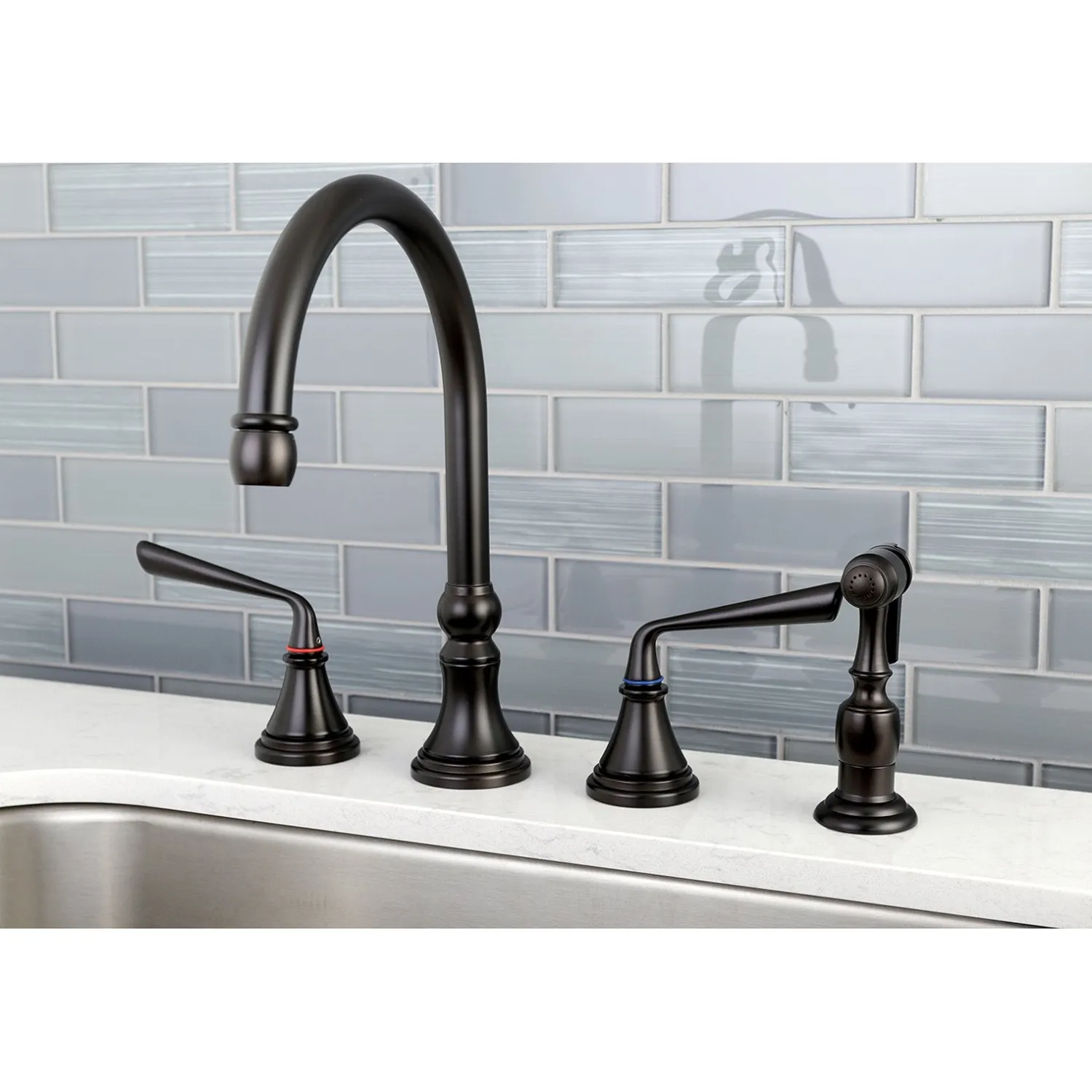 Sale Silver Sage 8" Deck Mount Kitchen Faucet with Brass Sprayer Widespread Kitchen Faucets