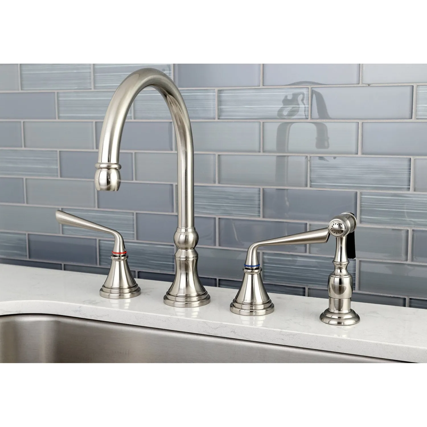 Sale Silver Sage 8" Deck Mount Kitchen Faucet with Brass Sprayer Widespread Kitchen Faucets