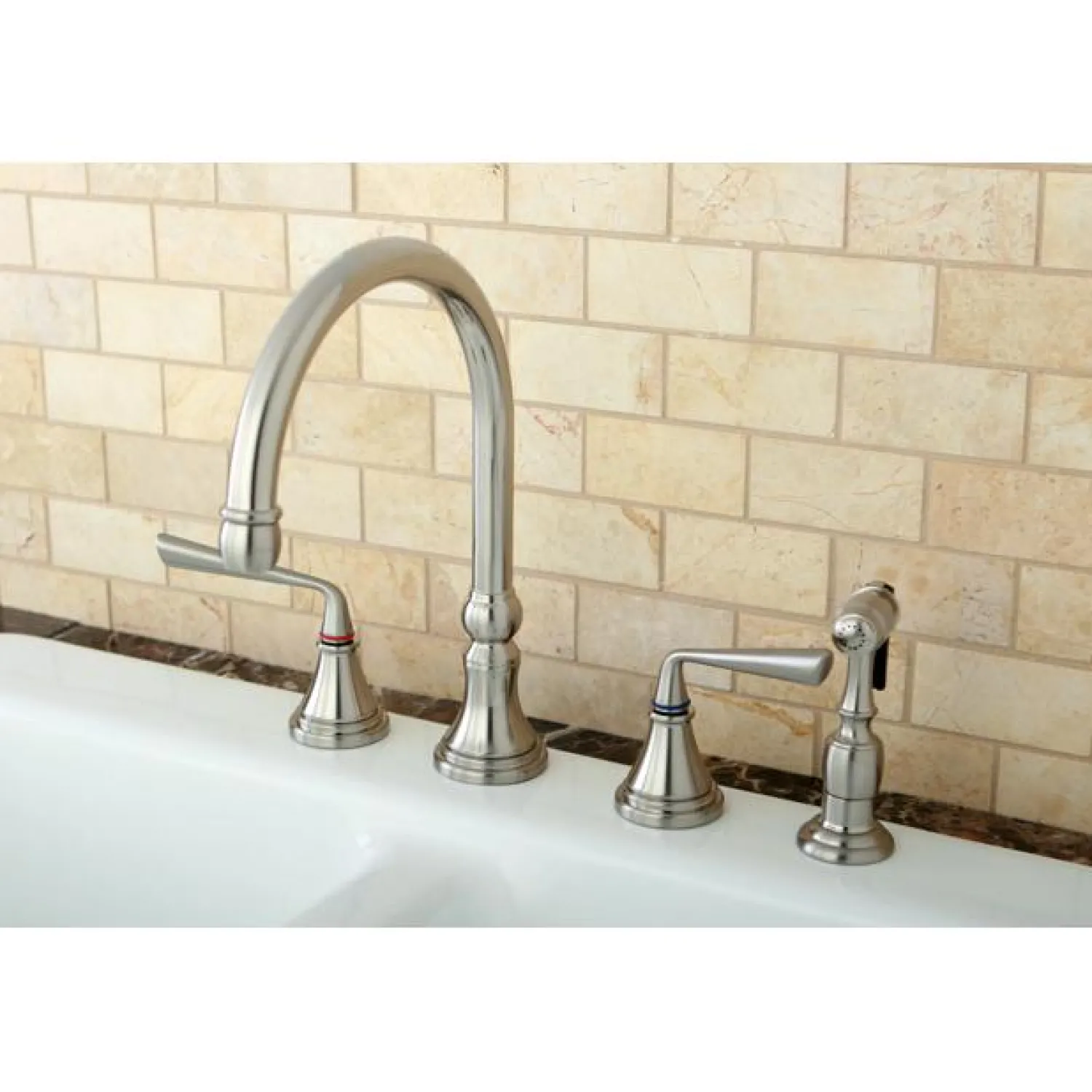 Sale Silver Sage 8" Deck Mount Kitchen Faucet with Brass Sprayer Widespread Kitchen Faucets