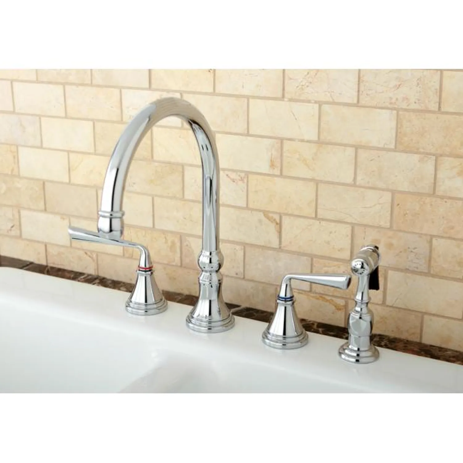 Sale Silver Sage 8" Deck Mount Kitchen Faucet with Brass Sprayer Widespread Kitchen Faucets