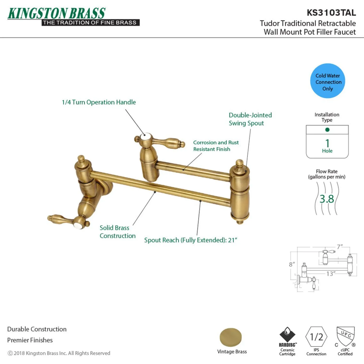 Outlet Tudor Wall Mount Pot Filler Kitchen Faucet Wall Mounted Kitchen Faucets|Single Hole