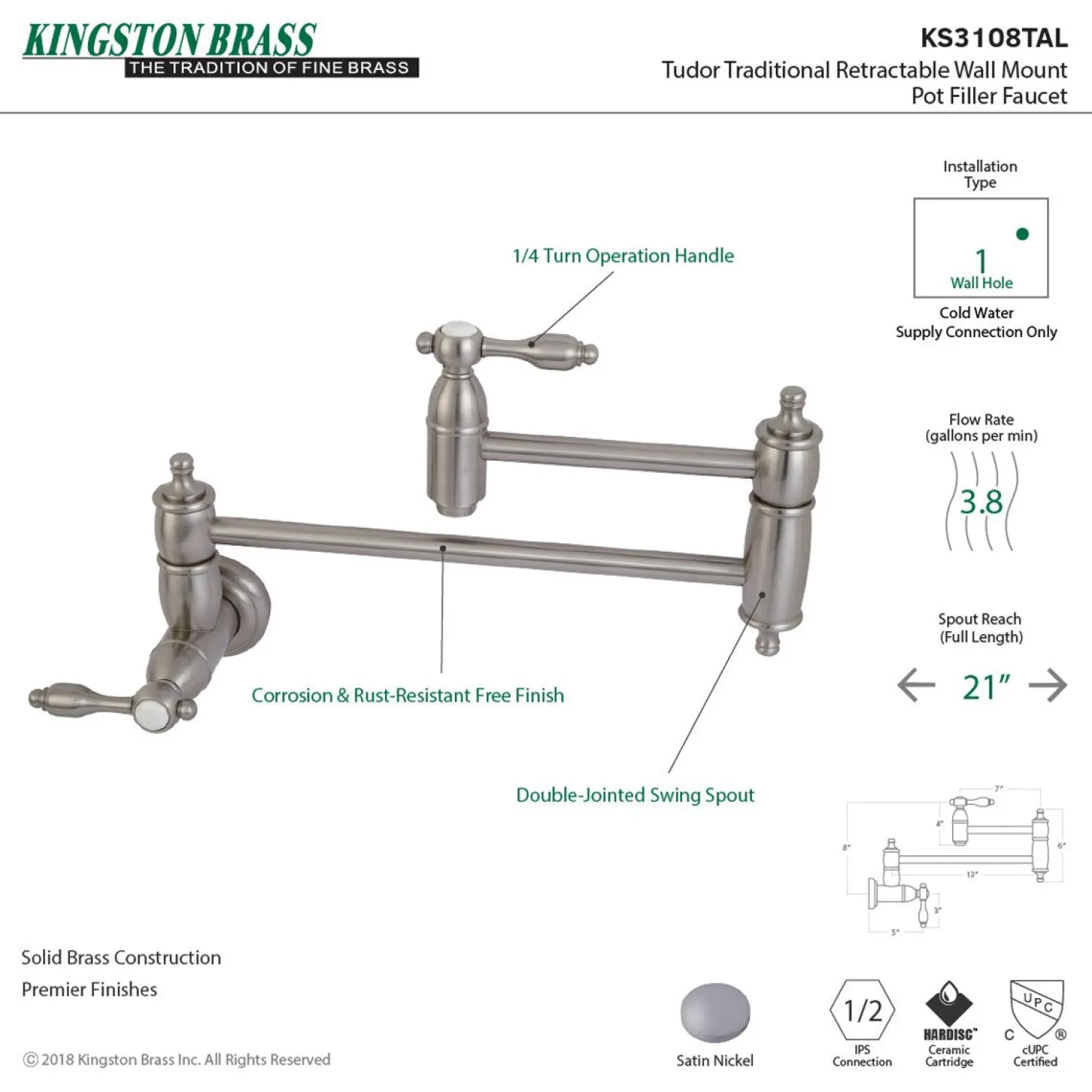 Outlet Tudor Wall Mount Pot Filler Kitchen Faucet Wall Mounted Kitchen Faucets|Single Hole