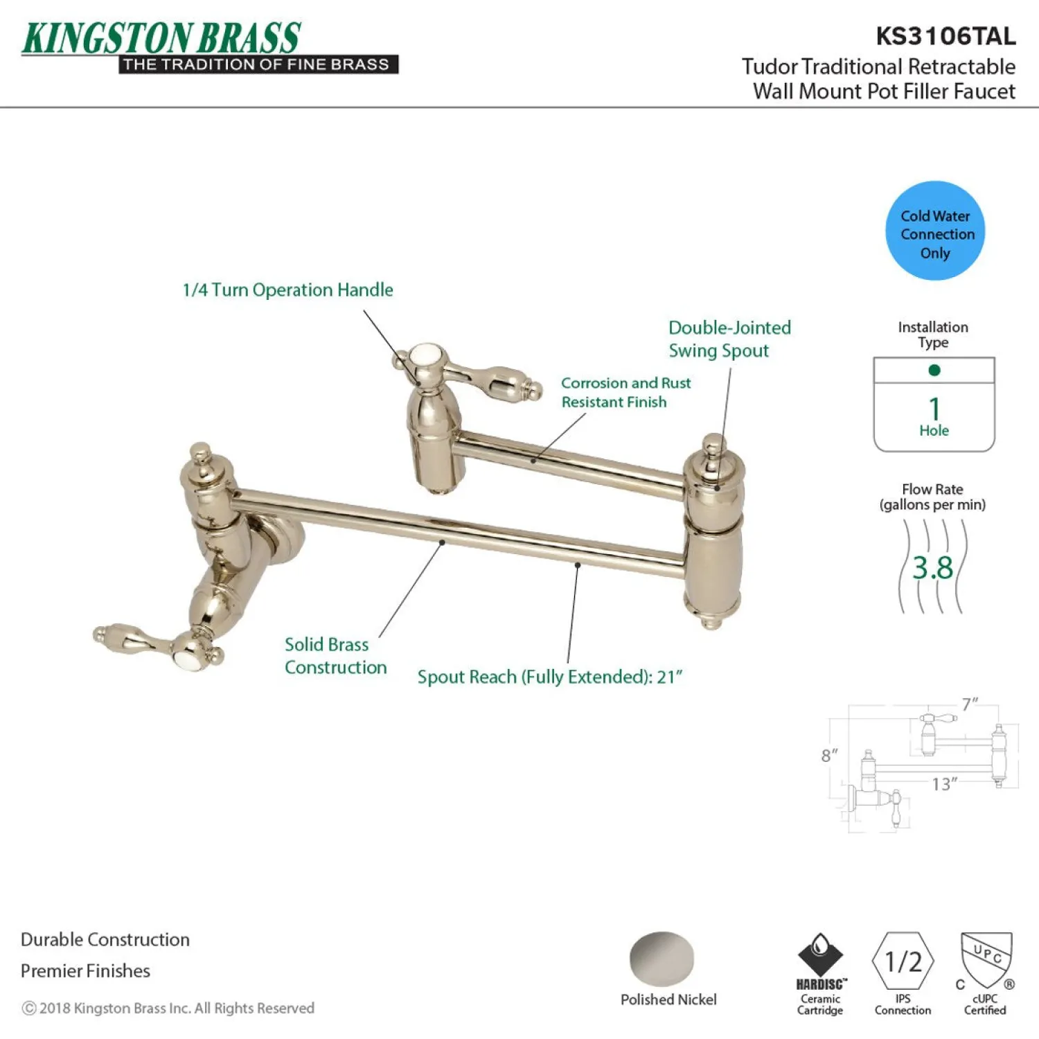 Outlet Tudor Wall Mount Pot Filler Kitchen Faucet Wall Mounted Kitchen Faucets|Single Hole
