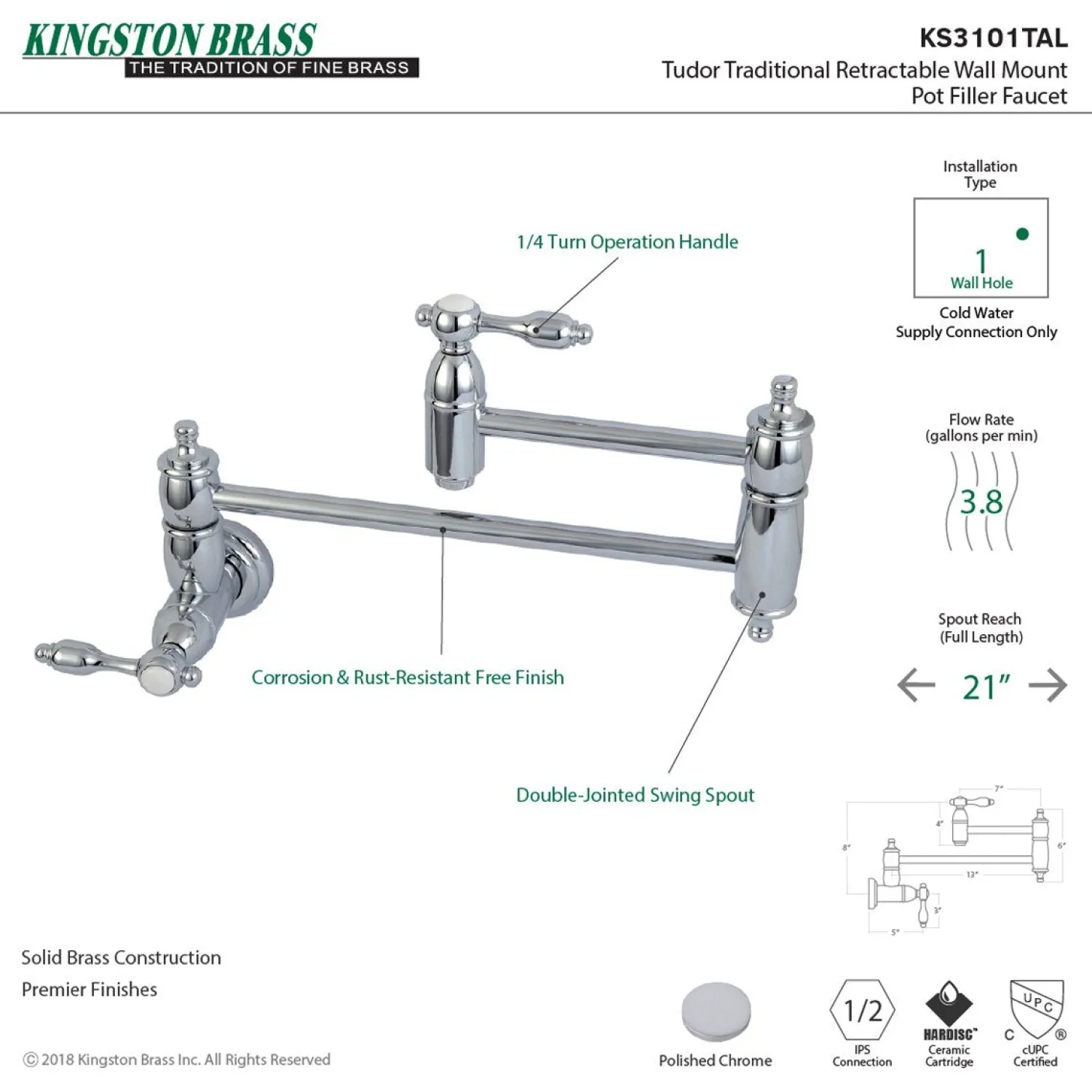 Outlet Tudor Wall Mount Pot Filler Kitchen Faucet Wall Mounted Kitchen Faucets|Single Hole