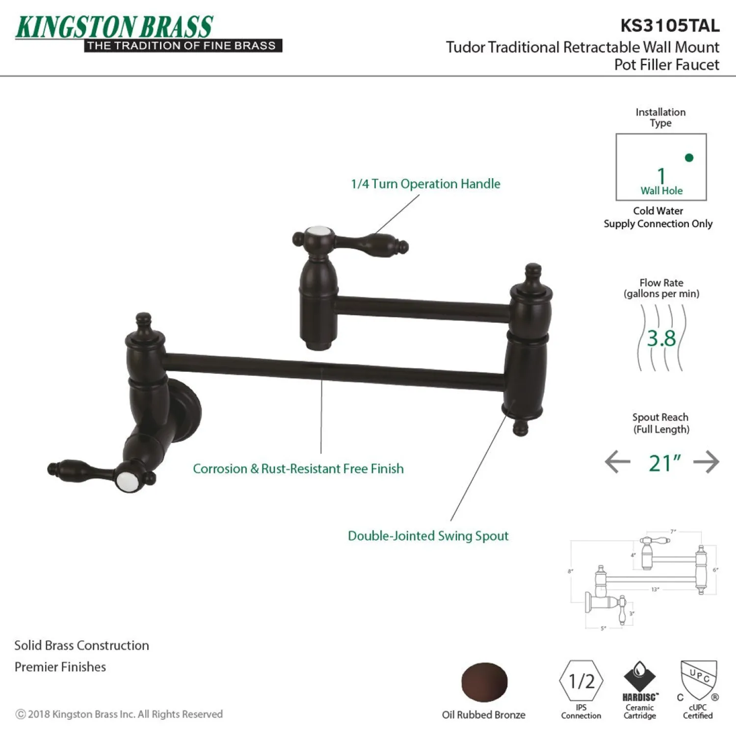 Outlet Tudor Wall Mount Pot Filler Kitchen Faucet Wall Mounted Kitchen Faucets|Single Hole