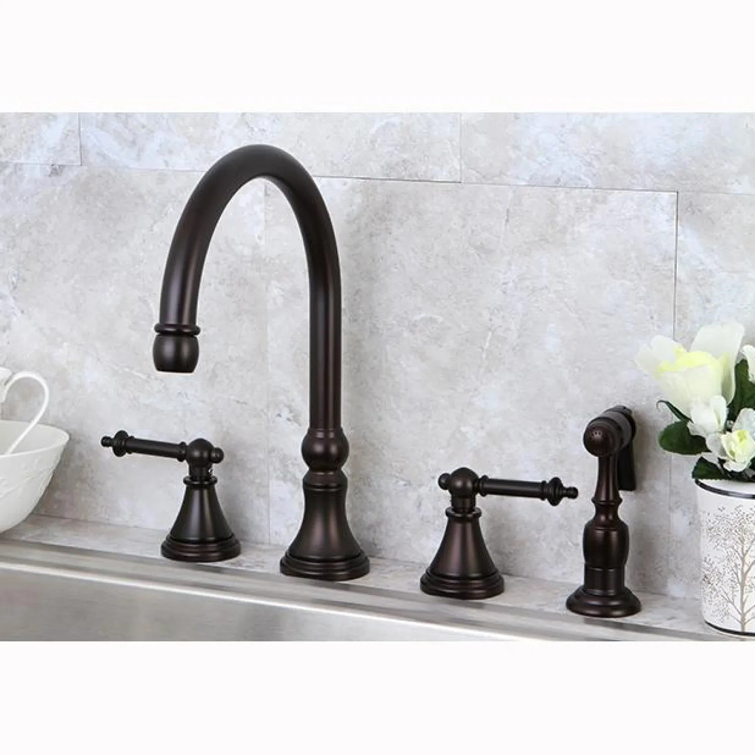 New Tuscany 8" Deck Mount Kitchen Faucet with Brass Sprayer Widespread Kitchen Faucets|Faucets With Side Spray