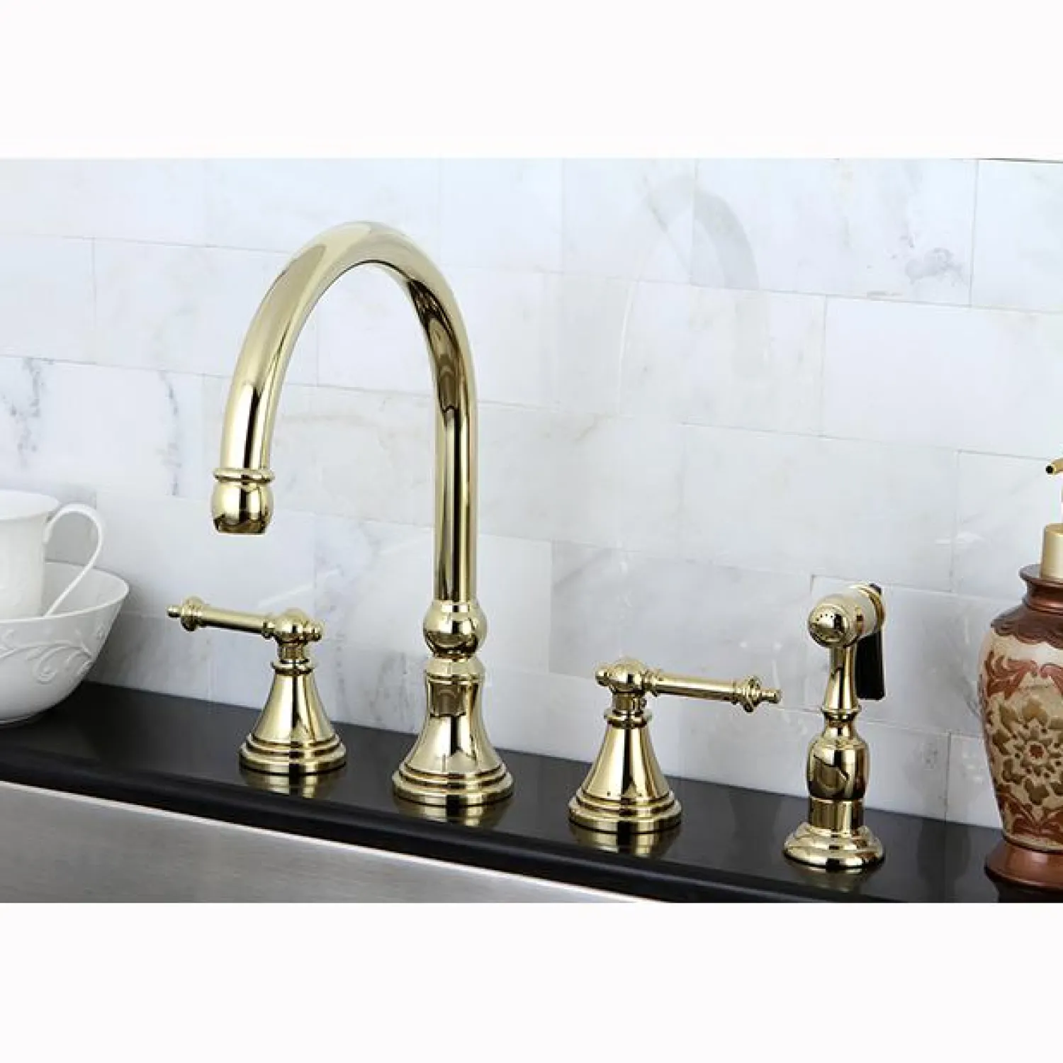 New Tuscany 8" Deck Mount Kitchen Faucet with Brass Sprayer Widespread Kitchen Faucets|Faucets With Side Spray