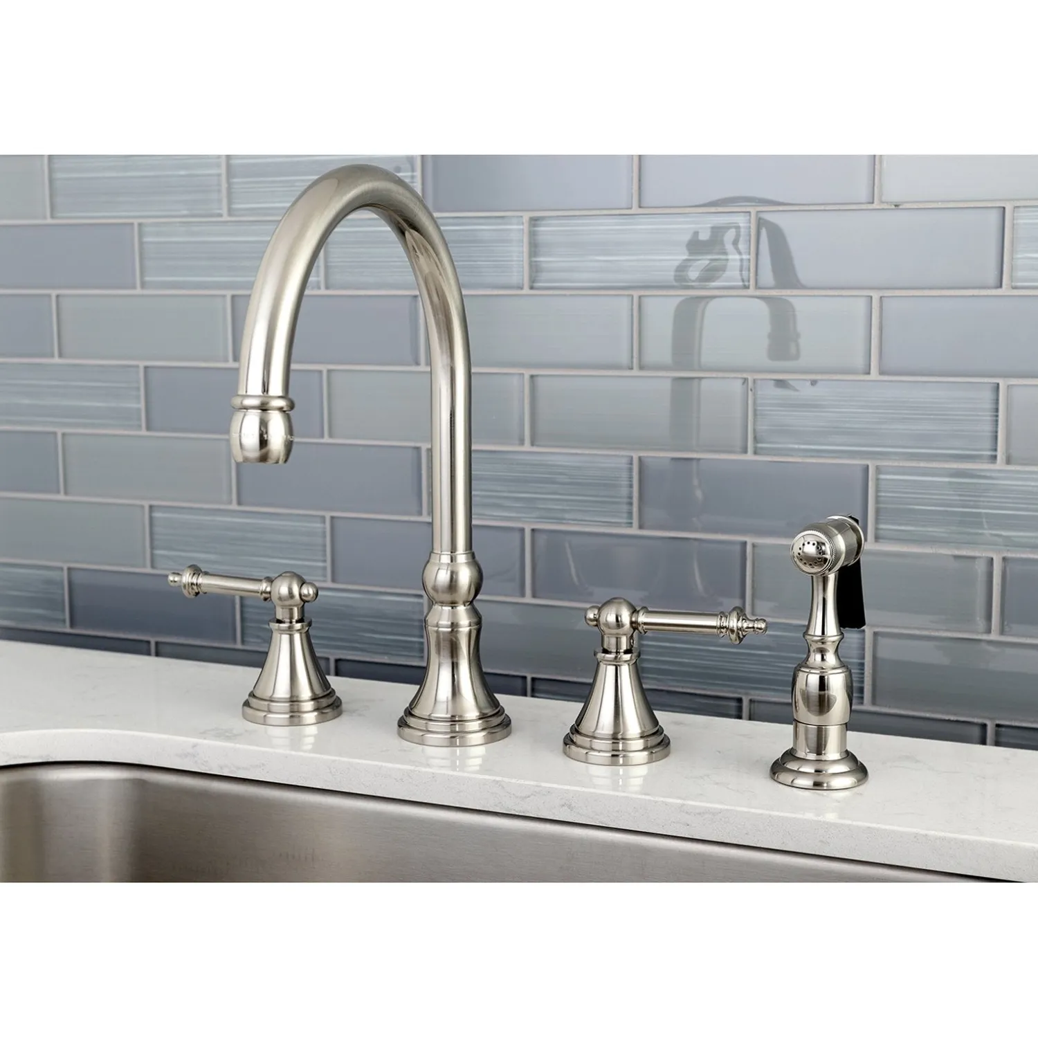 New Tuscany 8" Deck Mount Kitchen Faucet with Brass Sprayer Widespread Kitchen Faucets|Faucets With Side Spray