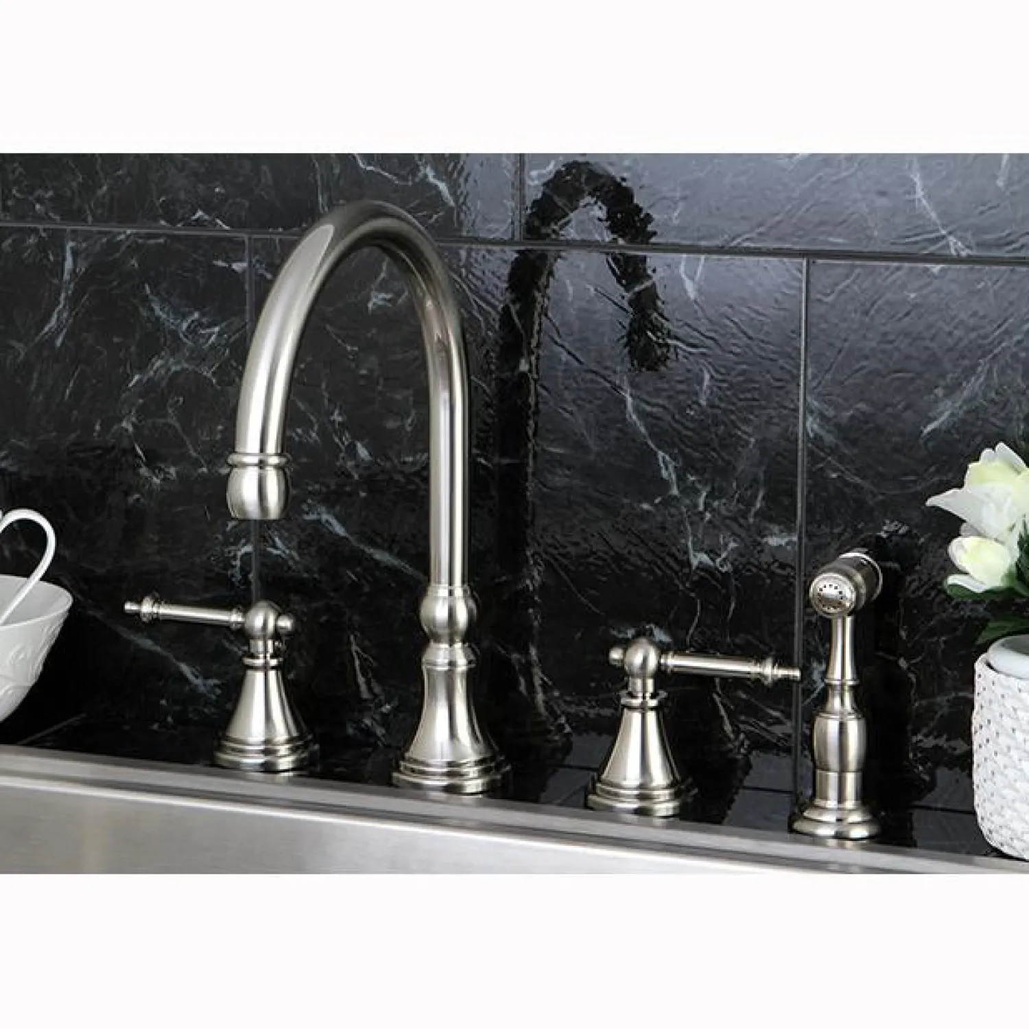 New Tuscany 8" Deck Mount Kitchen Faucet with Brass Sprayer Widespread Kitchen Faucets|Faucets With Side Spray