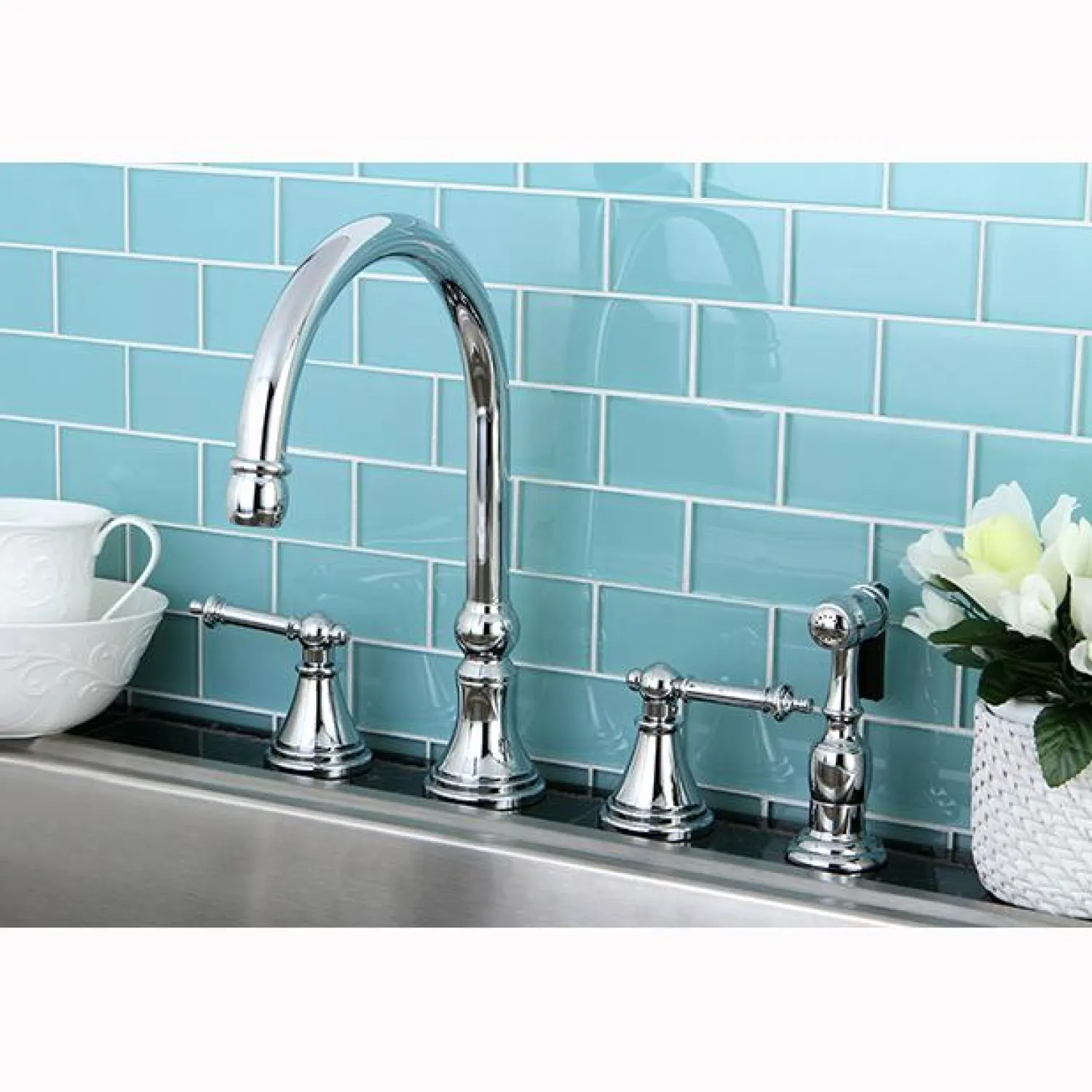 New Tuscany 8" Deck Mount Kitchen Faucet with Brass Sprayer Widespread Kitchen Faucets|Faucets With Side Spray