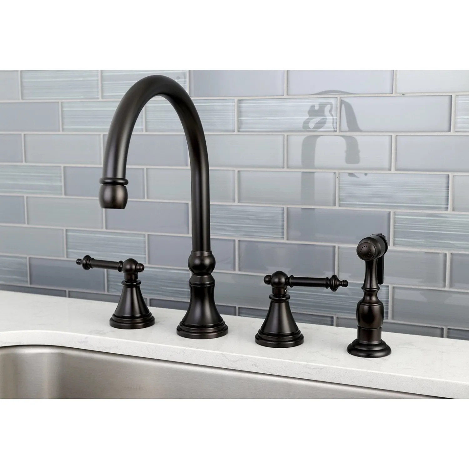 New Tuscany 8" Deck Mount Kitchen Faucet with Brass Sprayer Widespread Kitchen Faucets|Faucets With Side Spray